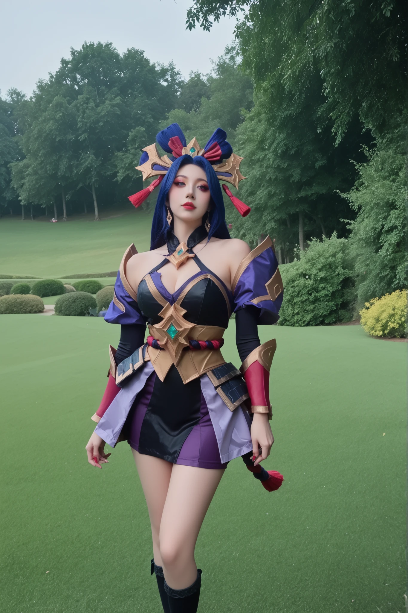 Mulher cosplayer, ela é cosplayer de hanabi mobile from legends, hanabi from mobile legends, ultradetalhado, she's staring deafly ,pele real,textura da pele,  she's standing on a lush green field, sensual, pernas grossas, seios enormes