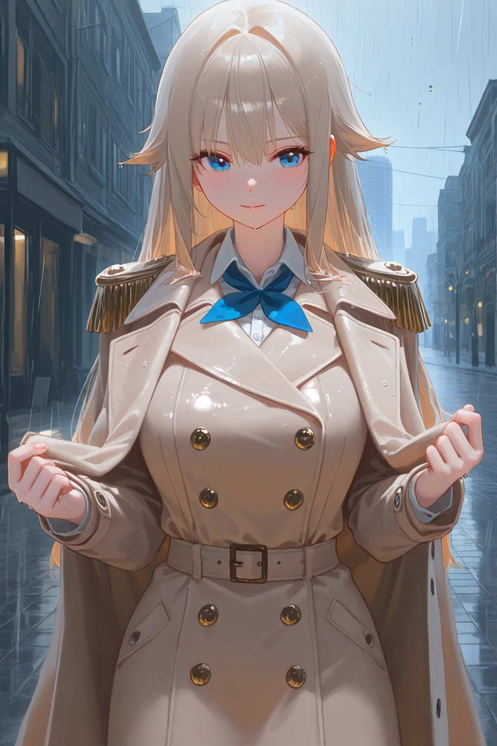 A woman, mature, big , wearing a blue dress with UK flag fabric, black boots, blonde hair, white madame hat, walking on the London city promenade, prime location in London, London bus in the background, blurred background, close view, blue eyes, UHD, prime work, accurate, anatomically correct, textured skin, super details, high quality, best quality, 8k, high resolution, bokeh effect . (woman alone)
