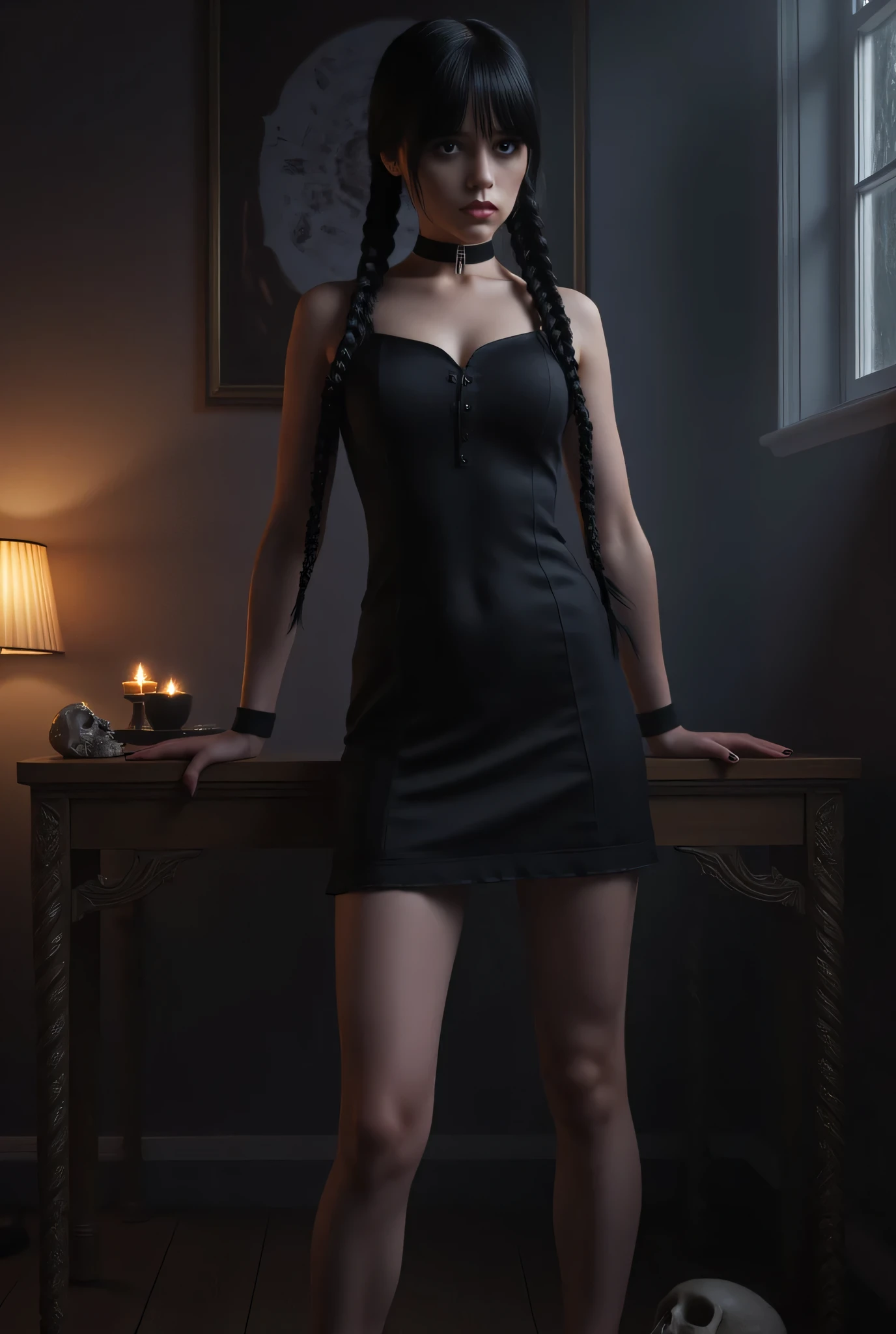 (Masterpiece, realistic, perfect girl, anime, high resolution and definition), Wednesday Addams, in a sensual and erotic pose, dark black hair, a pair of long braids on her shoulders, beautiful legs, detailed face, dark eyes, beautiful and slender body, beautiful breasts. Great detail of the scenery and environment, in a dream mansion. Sexy and sensual pose. Totally sexy and killer, slender and sexy figure, shapely thighs, she is sensually standing, hands resting on a wooden table on the table, a skull with a lit candle, dark and sinister environment, delicate, steep buttocks, perfectly rounded buttocks, looking straight at the viewer, dark face
