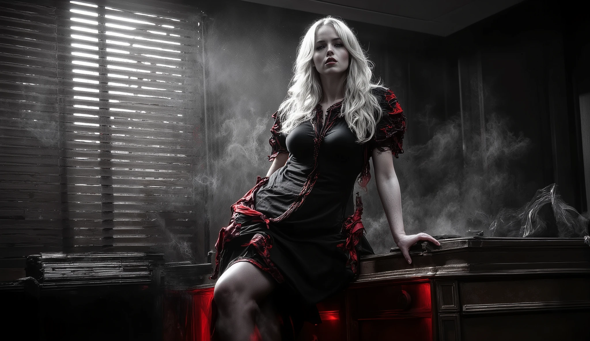 A cinematic noir-style scene inspired by Sin City, ultra-realistic. A confident blonde woman with long wavy hair stands beside a wooden desk in a dimly lit office. She wears a black fitted dress with red accents, exuding elegance and power. The room is illuminated by light filtering through Venetian blinds, casting dramatic shadows across her face and body. Her expression is calm yet mysterious, blending seduction and authority. The entire image is in black and white with vivid red highlights, soft smoke in the air, high contrast lighting, film grain texture, 16:9 aspect ratio.