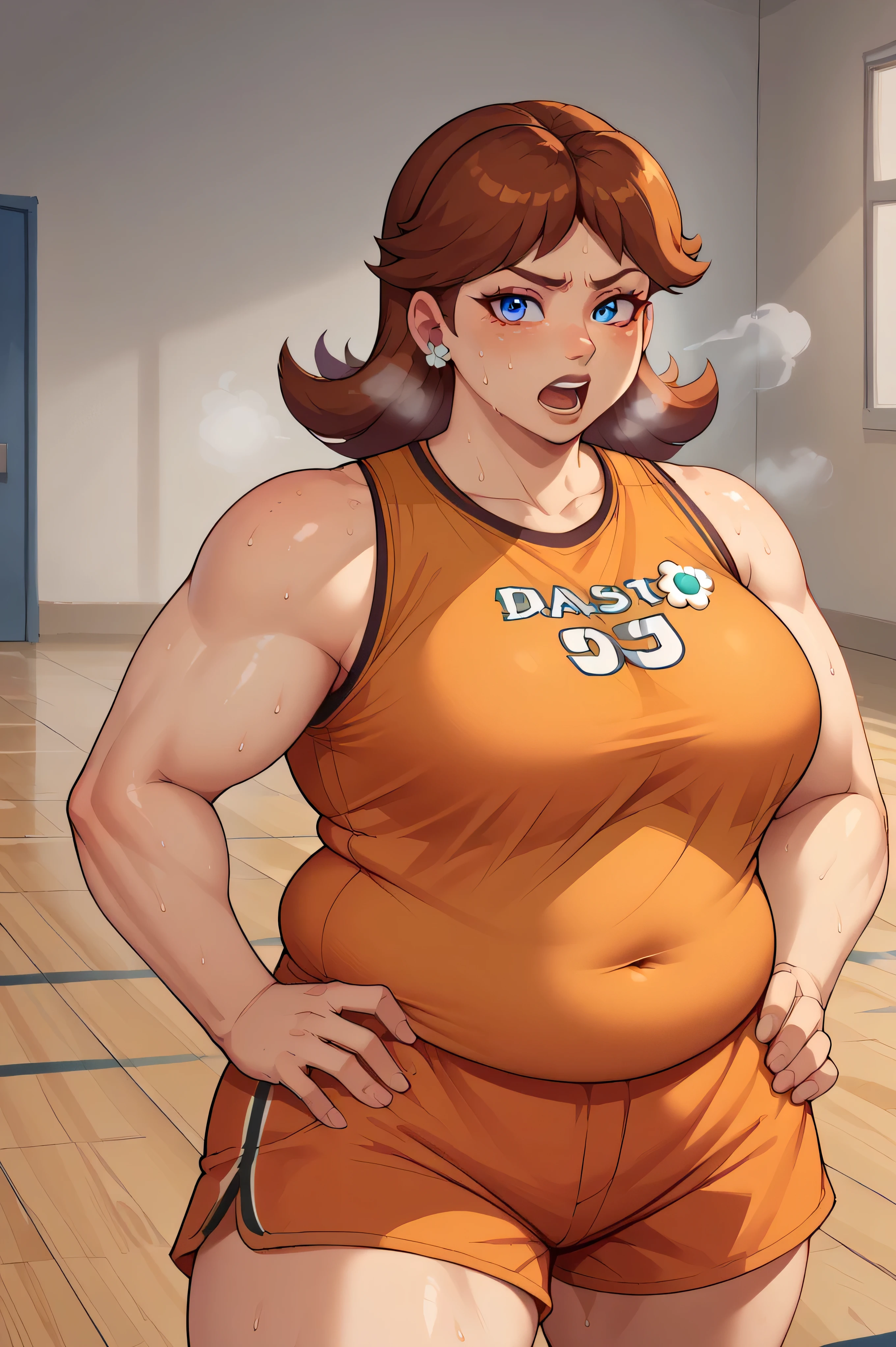 score_9, score_8_up, score_7_up, BREAK, 1girl, solo, princess daisy, 1girl, solo, brown hair, neck length hair, jewelry, makeup, casual, cowboy shot, blue eyes, looking at the viewer, large breasts, hand on hips, orange tanktop, sweaty, orange shorts, sweating profusely, open mouth, exhausted, heavy breathing, puddle of sweat on the ground, steam coming out her mouth, gym, indoors, she wears pink shoes,medium breasts,, basketball uniform, jersery, sportswear, jersey, shorts, sleeveless,, audience, gym, sweat, open mouth, steam, sweat, looking at viewer, open mouth,, cowboy shot, half shut eyes, obese, chubby, thick thighs, chubby cheeks, big arms, (((Shiny Skin))), full body