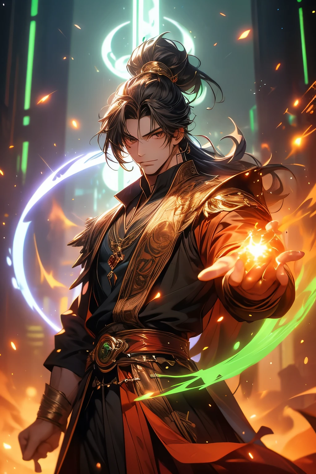 Gavin Guile ((long hair, roguish smile, short goatee, 30 years old)) is a muscular man with broad shoulders, yet still slender and in excellent physical condition. His hair is the color of burnished copper, medium, a striking reddish-brown hue, tied in a loose ponytail. He has lighter skin, suggesting a mixed heritage from two of the regions: the olive-skinned Ruthgari and the deathly pale Blood Foresters. His natural eye color is a shocking blue, but overlaying the blue are the multi-colored rings in his irises—the visible sign of his incredible drafting (((magical))) power. As the Prism, the colors of the light spectrum (red, orange, yellow, green, blue, and sometimes even violet and sub-red) appear in his eyes, showing his ability to draft all colors of light into physical "luxin." As the High Priest and Emperor of the Chromeria, he is almost certainly seen in richly colored, rolled-up sleeves, authoritative and loose hoodless robes or high-quality military attire befitting the most powerful man in the world. Set in a pre-industrial fantasy world, although it is more technologically advanced than a typical medieval setting, featuring things like gunpowder weapons. Conjuring magic of different colors (Sub-red, red, orange, yellow, green, blue, ultraviolet) in his hands