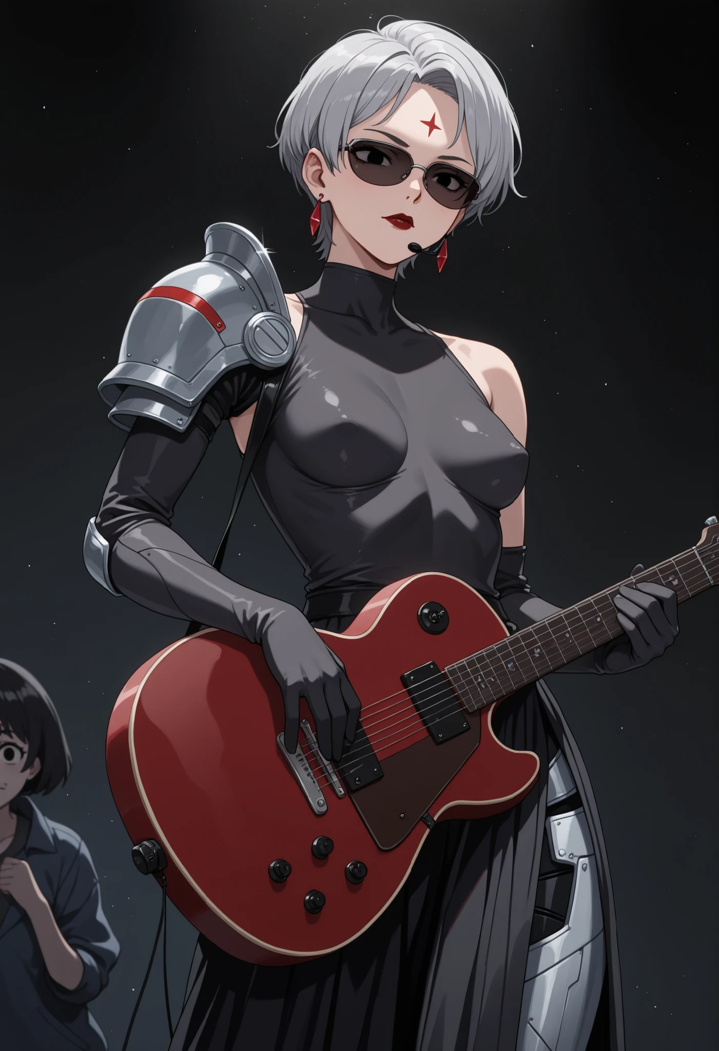 Grandma. gray hair, black eyes, short hair, dark red lips, wrinkles, earrings, makeup, small  , round , } (best quality, masterpiece), Create a detailed scene with a beautiful female alien on stage at a rock concert, noseless, no nostrils, forehead mark, pixie cut, sunglasses, sci-fi armor, headset, armored legs, shoulder armor, covered collarbone? long skirt, guitar

