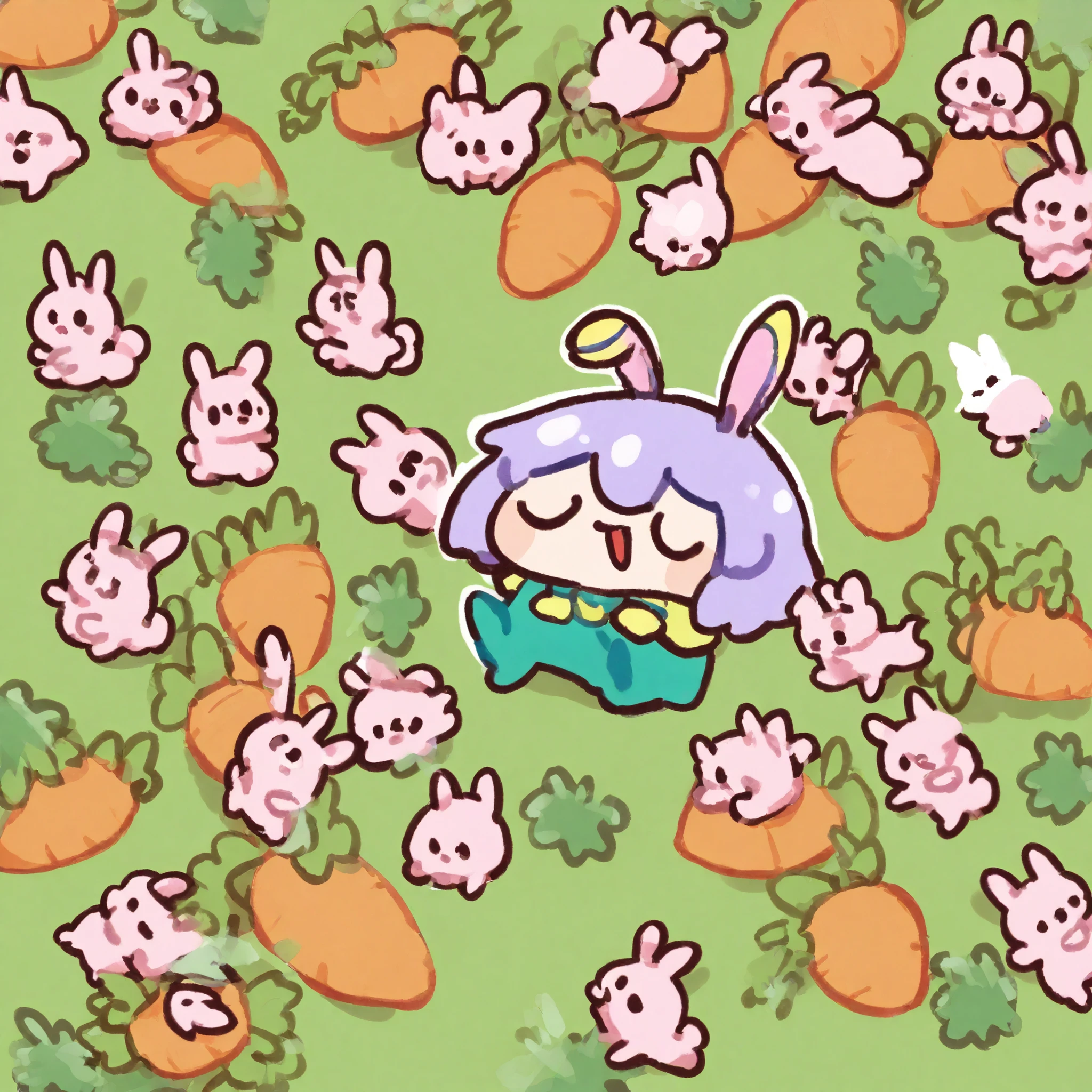 a small chibi girl with purple hair wearing a bunny onesie and holding a carrot plushie, surrounded by baby bunnies, in a garden, happy times
