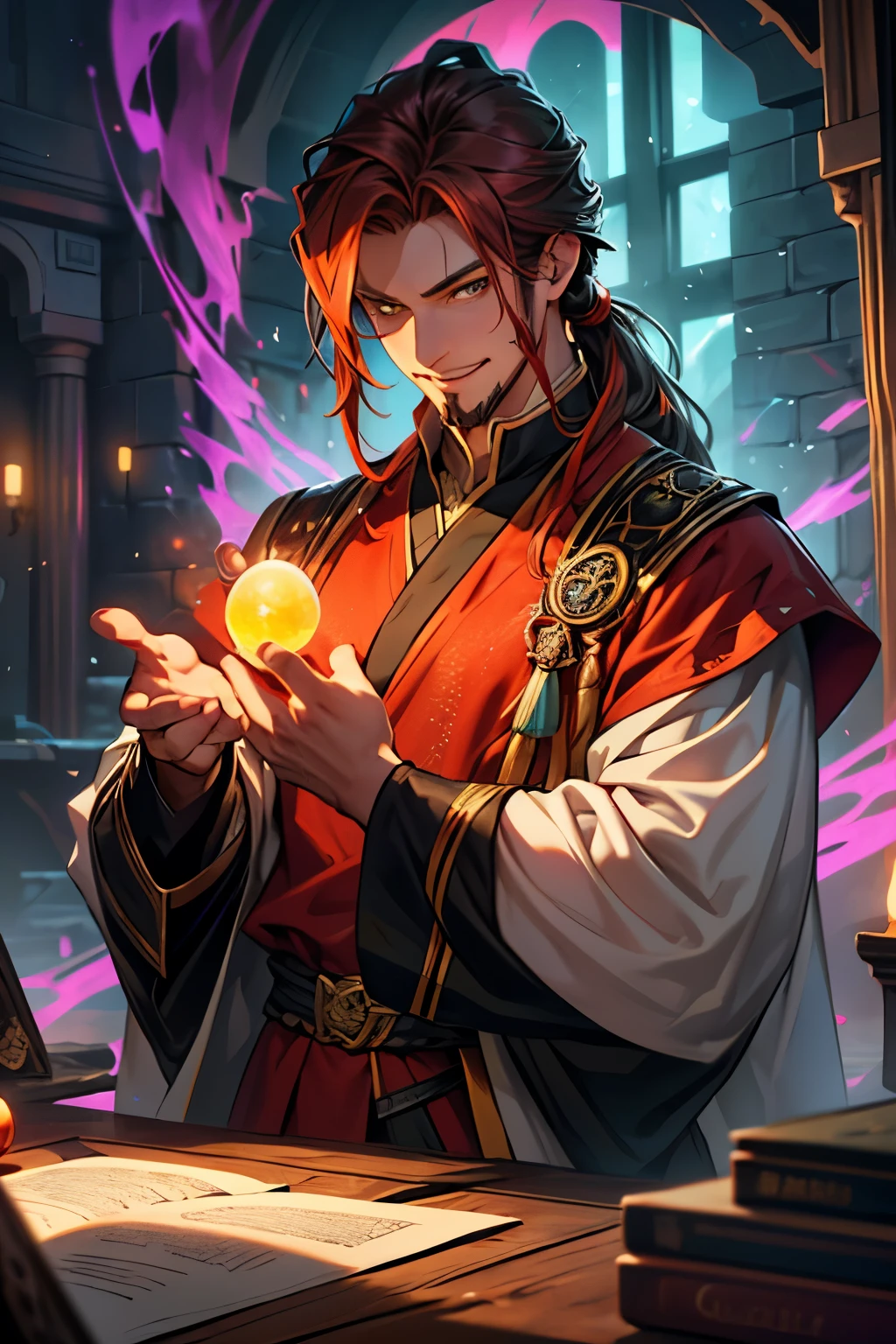 Gavin Guile ((long hair, roguish smile, short goatee, 30 years old)) is a muscular man with broad shoulders, yet still slender and in excellent physical condition. His hair is the color of burnished copper, medium, a striking reddish-brown hue, tied in a loose ponytail. He has lighter skin, suggesting a mixed heritage from two of the regions: the olive-skinned Ruthgari and the deathly pale Blood Foresters. His natural eye color is a shocking blue, but overlaying the blue are the multi-colored rings in his irises—the visible sign of his incredible drafting (((magical))) power. As the Prism, the colors of the light spectrum (red, orange, yellow, green, blue, and sometimes even violet and sub-red) appear in his eyes, showing his ability to draft all colors of light into physical "luxin." As the High Priest and Emperor of the Chromeria, he is almost certainly seen in richly colored, rolled-up sleeves, authoritative and loose hoodless robes or high-quality military attire befitting the most powerful man in the world. Set in a pre-industrial fantasy world, although it is more technologically advanced than a typical medieval setting, featuring things like gunpowder weapons. Conjuring magic of different colors (Sub-red, red, orange, yellow, green, blue, ultraviolet) in his hands