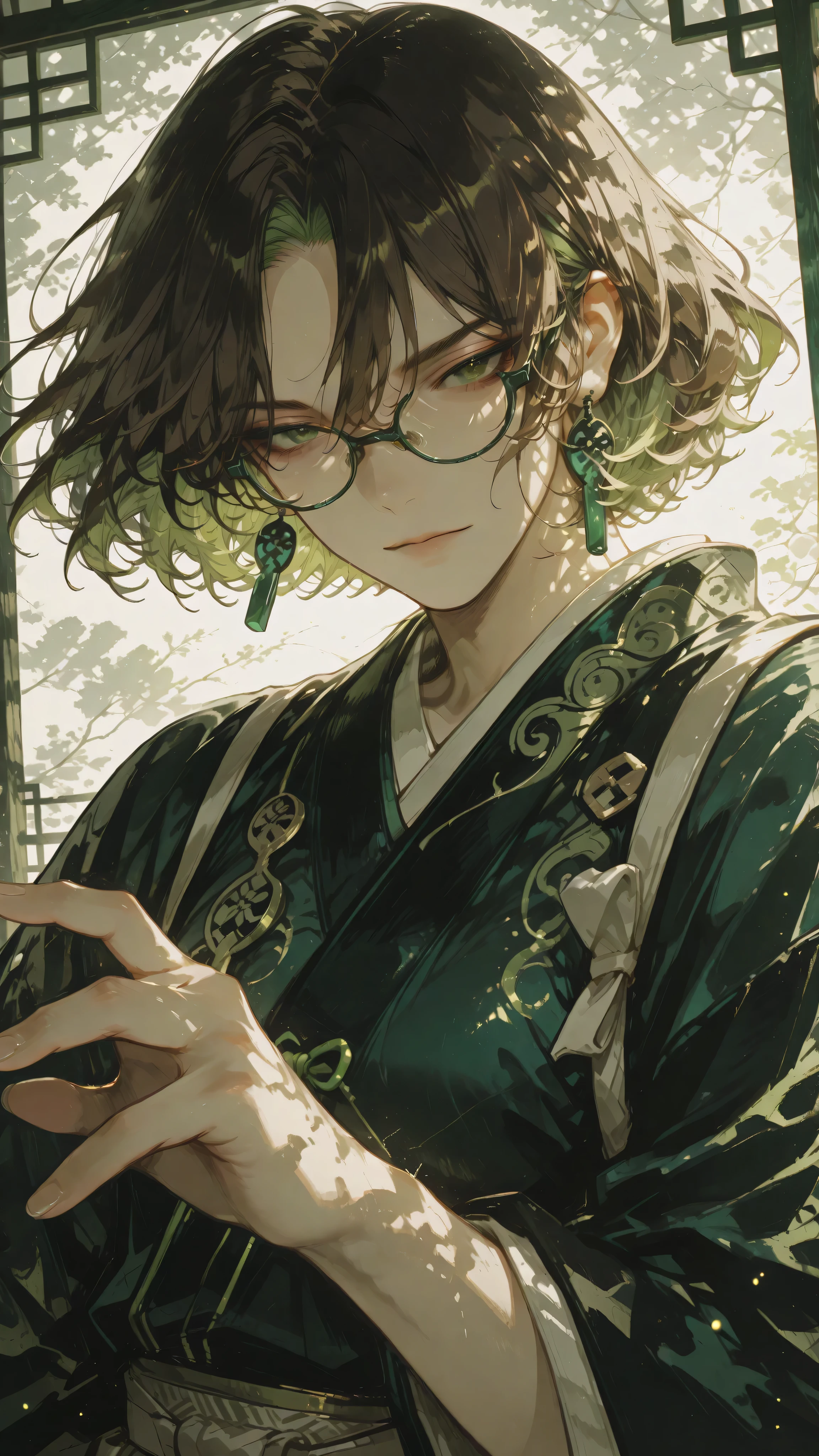 Anime boy character. Close-up, close angle. brown hair, wavy hair, green highlights, dark green eyes, green wooden frame glasses, jade earrings, serene expression. Wearing traditional Japanese clothes with white, green, beige colors. Anime illustration, extremely energetic aura, dynamic angle, dramatic perspective, masterpiece, ultra-detailed, dynamic volumetric lighting, bokeh background, cinematic atmosphere, ultra-sharp focus, soft shadows, realistic shading, realistic anime skin texture, realistic anime fabric folds, dark ethereal style, haunting ethereal atmosphere.