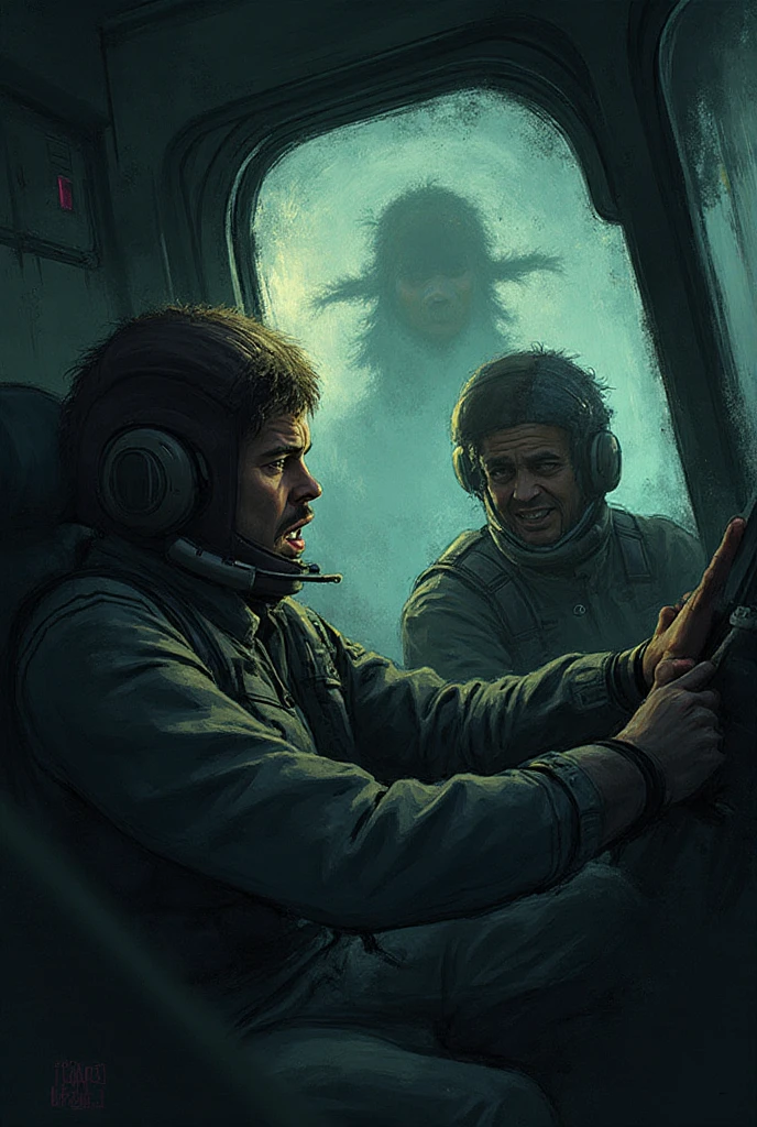 Moody hand-drawn illustration of pilots struggling with controls, light reflecting off their faces, a faint distorted silhouette forming in the glass reflection, surreal detail.