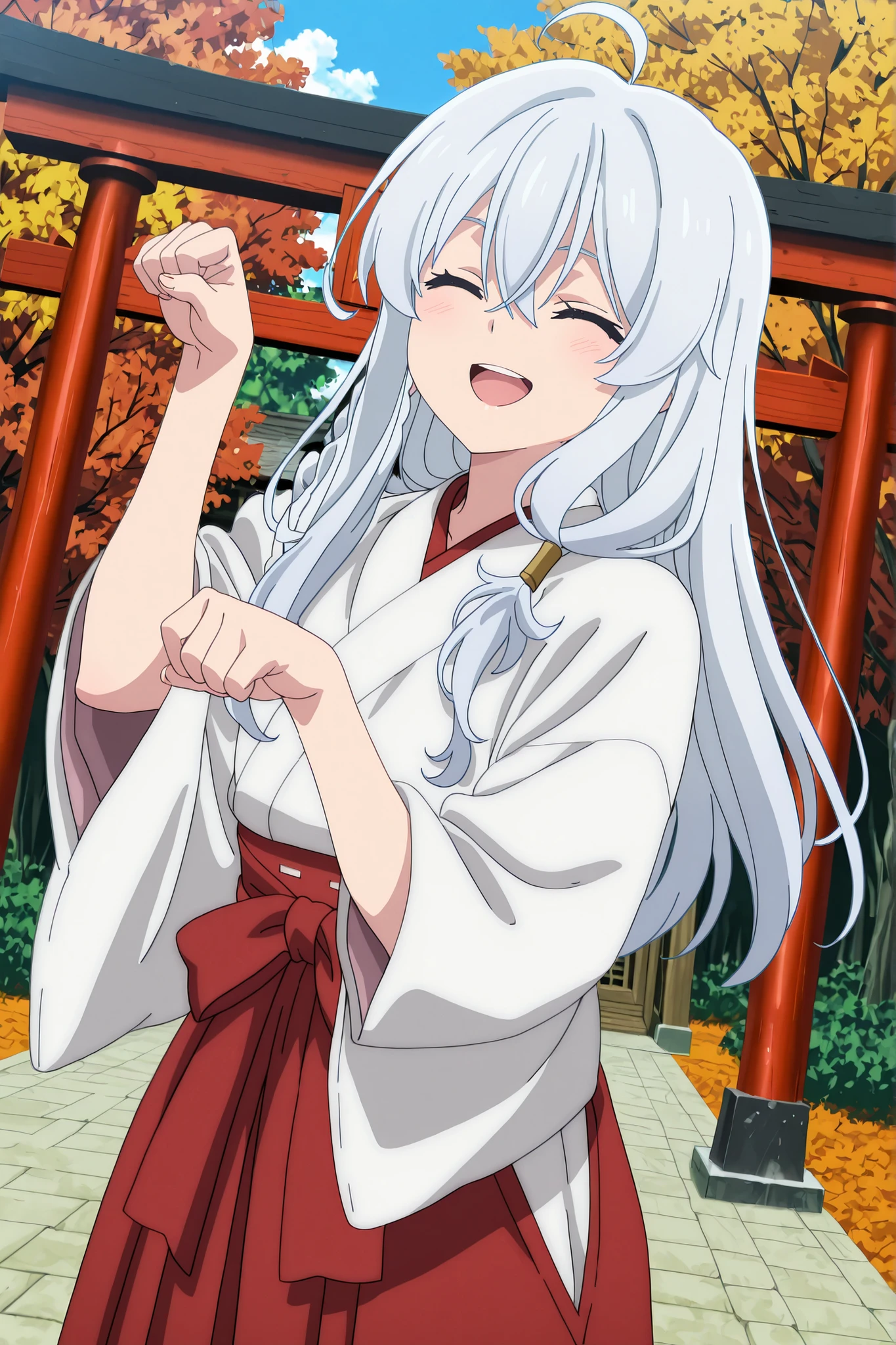 8K,HDR,masterpiece,best quality, high quality,amazing quality,highres, absurdres, newest,(anime screencap:1),(anime coloring:1),(anime style:1),highly detailed illustrations,perfect eyes,detail1eye,well-defined fingers,(perfect anatomy:1), (perfect fingers,5 fingers:1), from front,dynamic angle,cowboy shot,

BREAK 
1girl,solo,"elaina_(majo_no_tabitabi)\ (majo_no_tabitabi \)",
crossed bangs, side braid, long hair, grey hair, blue eyes, hair tubes, 
ahoge, 

jyojifuku,miko,red hakama,

gentle smile,closed eyes,happy,

kitsune dance,  paw pose, 

BREAK 
japanese shrine, torii, outdoors, day, autumn,tree,wind