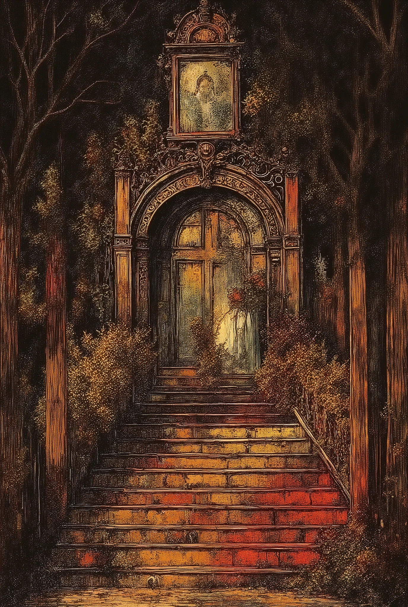 nighttime :: dark background :: An ornate bridge :: golden and red palette :: hyper-realistic digital artwork highly detailed ethereal, hyper-detailed, masterpiece by Thomas Kinkade, Alberto Seveso, Carne Griffiths and Conrad, Oil Paintings Australian theme, (foggy atmosphere:2.0) :: [ Dark Fairy Tale