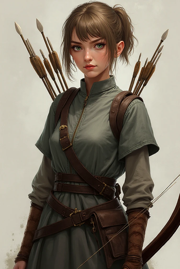 (Obra maestra, La mejor calidad) (young warrior woman of nordic descent), (combat position)  (ojos verdes), (Muscular), (falda de piel), (brown hair color),(loose hair with small braids on the scalp), (top con correa de cuero) plumas, capa sobre el hombro, bufas, (azul, gray and brown suit).