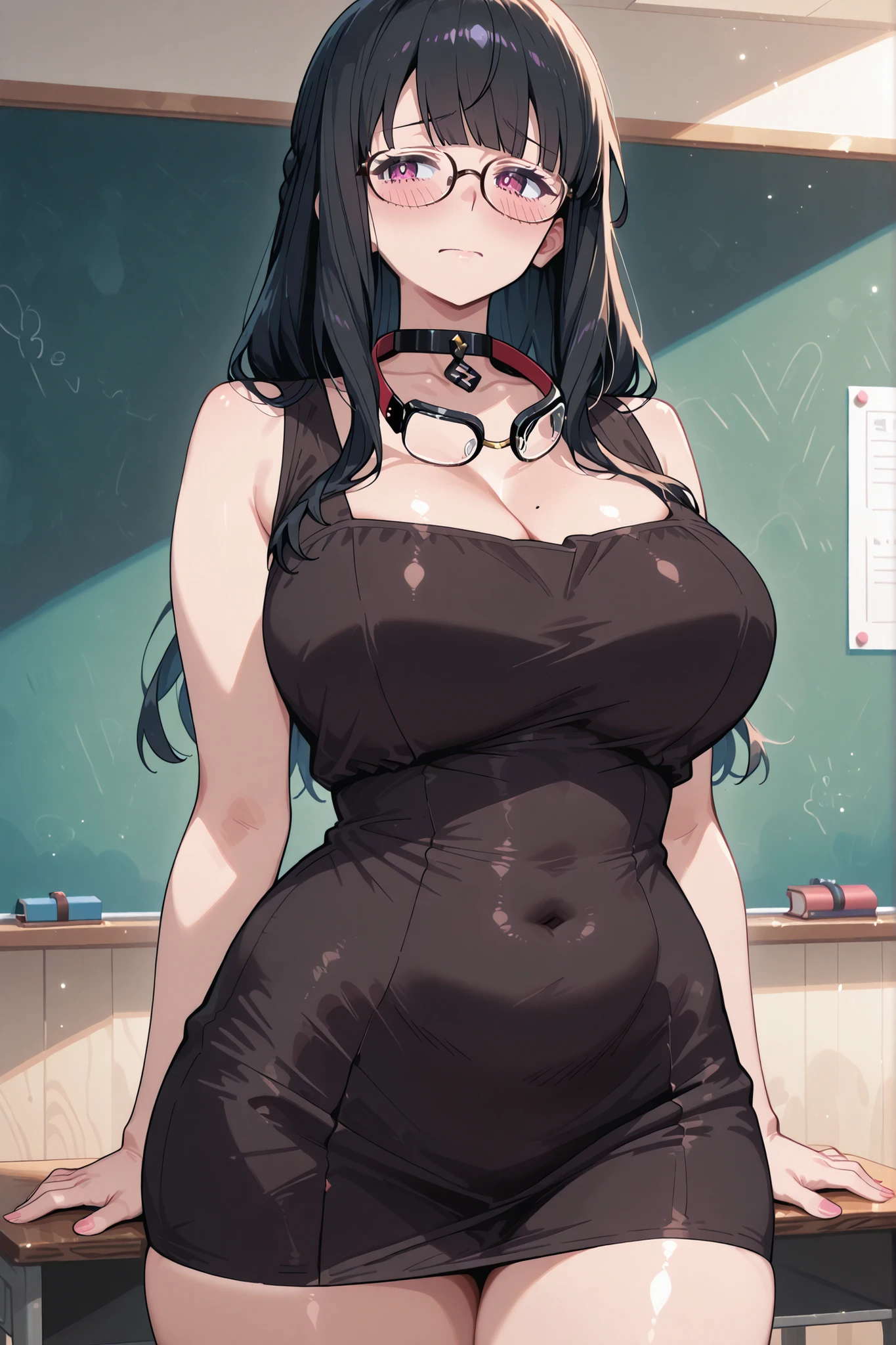 A shy, plump, simple teacher wearing glasses, She has a slender waist and a curvy figure, She's wearing a game collar around her neck, She's wearing a sleeveless black mini dress, She stood in the classroom, She's holding her book、Long hair