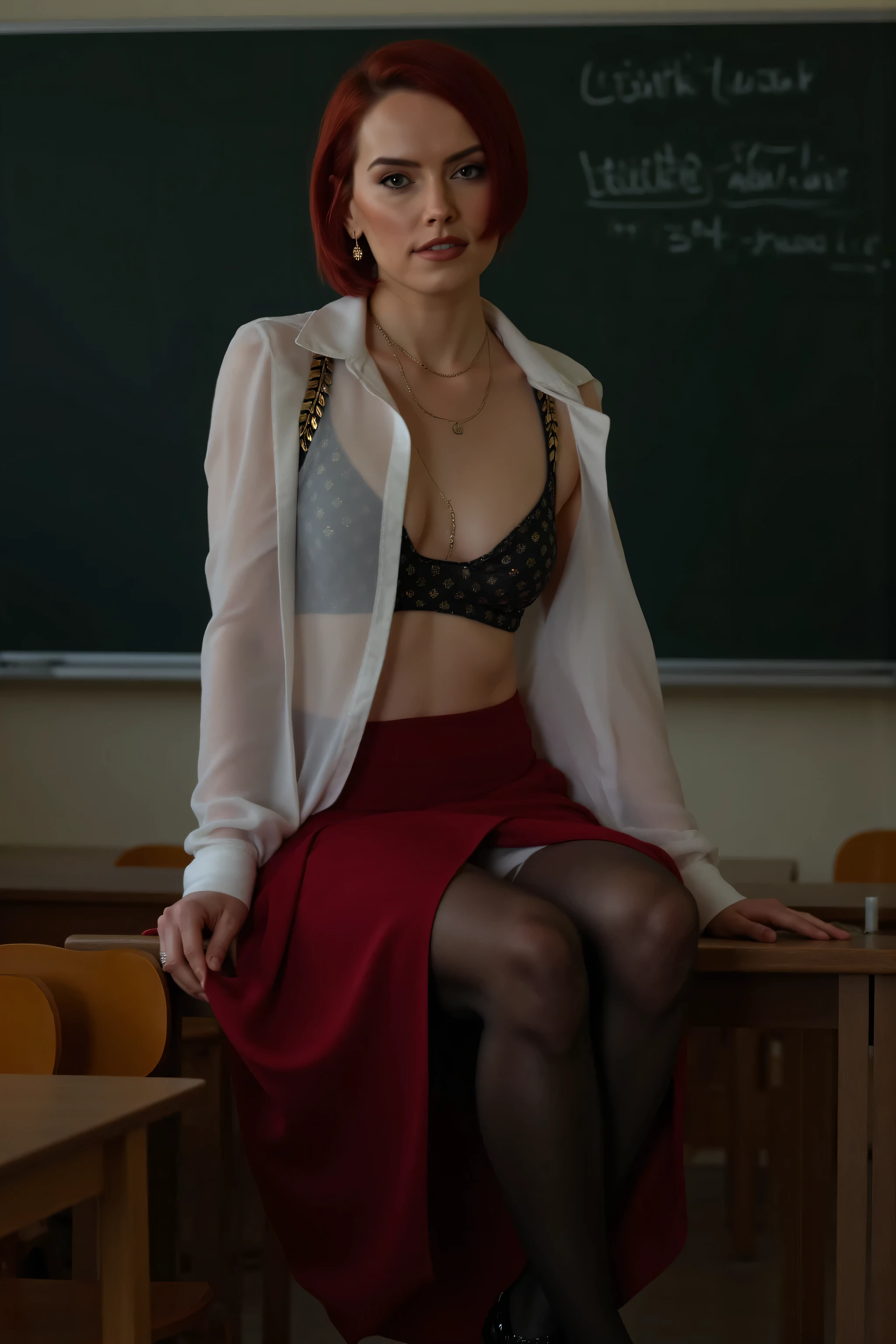 L1l17hlu5t als Lilith Lust, A hyper-realistic photo of L1l17hlu5t as Lilith Lust, with beautifully detailed faces with captivating eyes and a calm expression, The picture shows her natural beauty, with a focus on her flawless skin and delicate facial features, The lighting enhances her features, creates a soft interplay of light and shadow, while maintaining the high-resolution quality of every Captures detail with photorealistic clarity, Her hair is in a complex and uniquely styled, that enhances her ethereal and timeless aura, (realistische Haut, Detaillierte Haut, detailed faces), (Long eyelashes), (Correct body proportions), ( correct hands , korrekte Finger), (Long eyelashes), ( she wears a white see-through business blouse , black lace-up bra is slightly visible through the see-through blouse , dark red business microskirt , black laced panties , black stockings, black high-heeled platform shoes, gorgeous gold earrings, beautiful gold necklace), (Classroom at school, a blackboard with the text "Lilith Lust - OPEN MY LEGS AND ME" Vor dem Hintergrund), (she sits on the edge of the teacher's desk, her legs slightly open, so that her is visible, she lifts her skirt with her hands ), (teasing smile), (whole body)