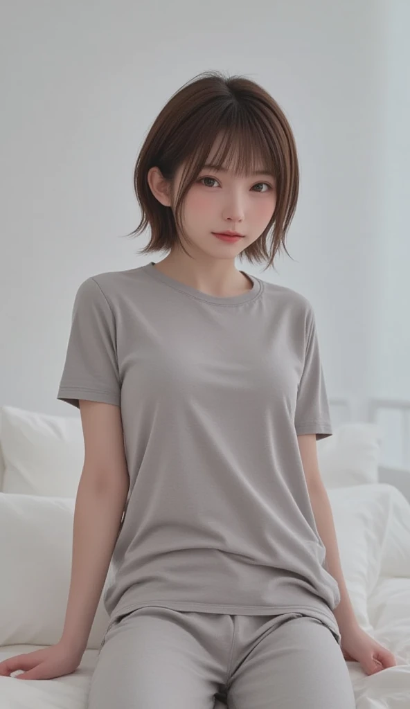 Tabletop, Highest quality, figure, Very detailed, In detail, High resolution, 8k wallpaper, Perfect dynamic composition, Beautiful fine details, ,Straight Hair,、Natural color lip, Bold sexy pose,smile,luxury house room、20-year-old girl、cute、sexy shot looking at camera,Ultra-realistic raw photos,My chest is open、whole body、Thighs、Sexy pose、Leg spread、Gray color、T-Shirts