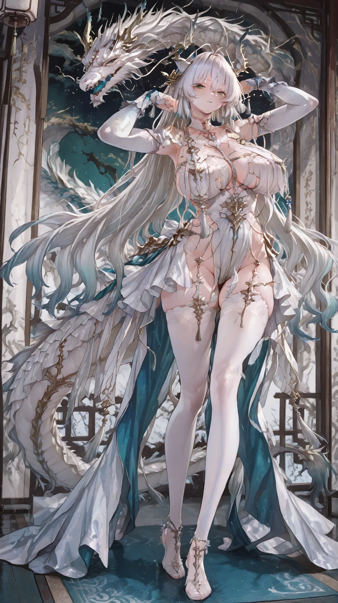 heavenly divine dragon girl, white huge dragon horns with golden ends, big dragon tail, white hair, ver long hair, thick hair, very big breast, green-blue gradient dragon eyes, white dragon sexy revealing outfit with breast curtains, white nylon stockings, white choker, sexy black cheongsam dress, taliman paper on her , fullbody, head to toe, standing up, vtuber pose, walking at the câmera.