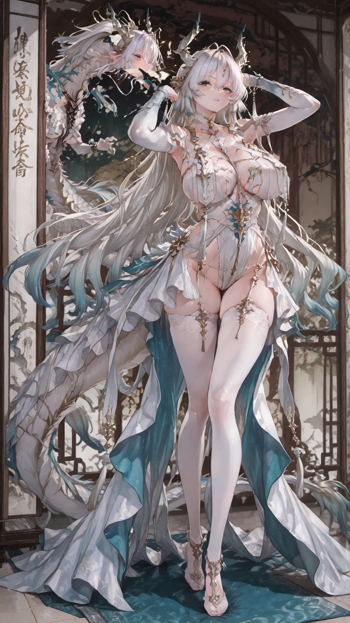 heavenly divine dragon girl, white huge dragon horns with golden ends, big dragon tail, white hair, ver long hair, thick hair, very big breast, green-blue gradient dragon eyes, white dragon sexy revealing outfit with breast curtains, white nylon stockings, white choker, sexy black cheongsam dress, taliman paper on her , fullbody, head to toe, standing up, vtuber pose, walking at the câmera.