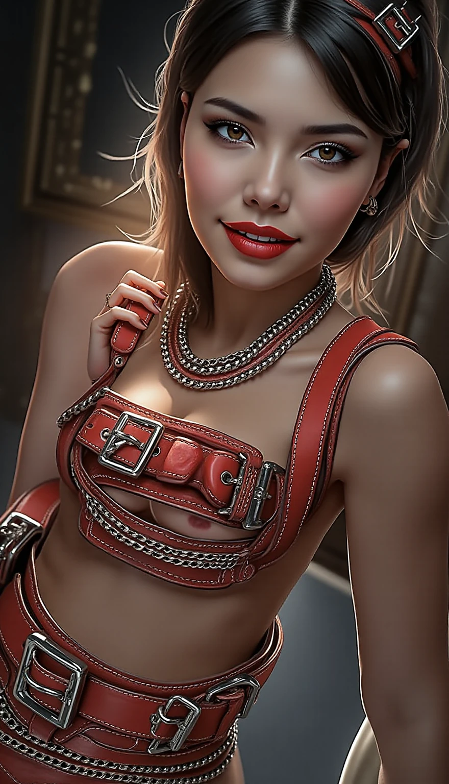 (masterpiece: 1.2, best quality), (Olivia Dunn) realistic, retro, (real image, intricate details, depth of field), (1girl, solo), makeup, parted lips, very detailed, face perfect, cleavage, sheer, , , (small boobs: 1.1), (), thick thighs, wide hips, small waist, big shiny coral lips, , string bikini