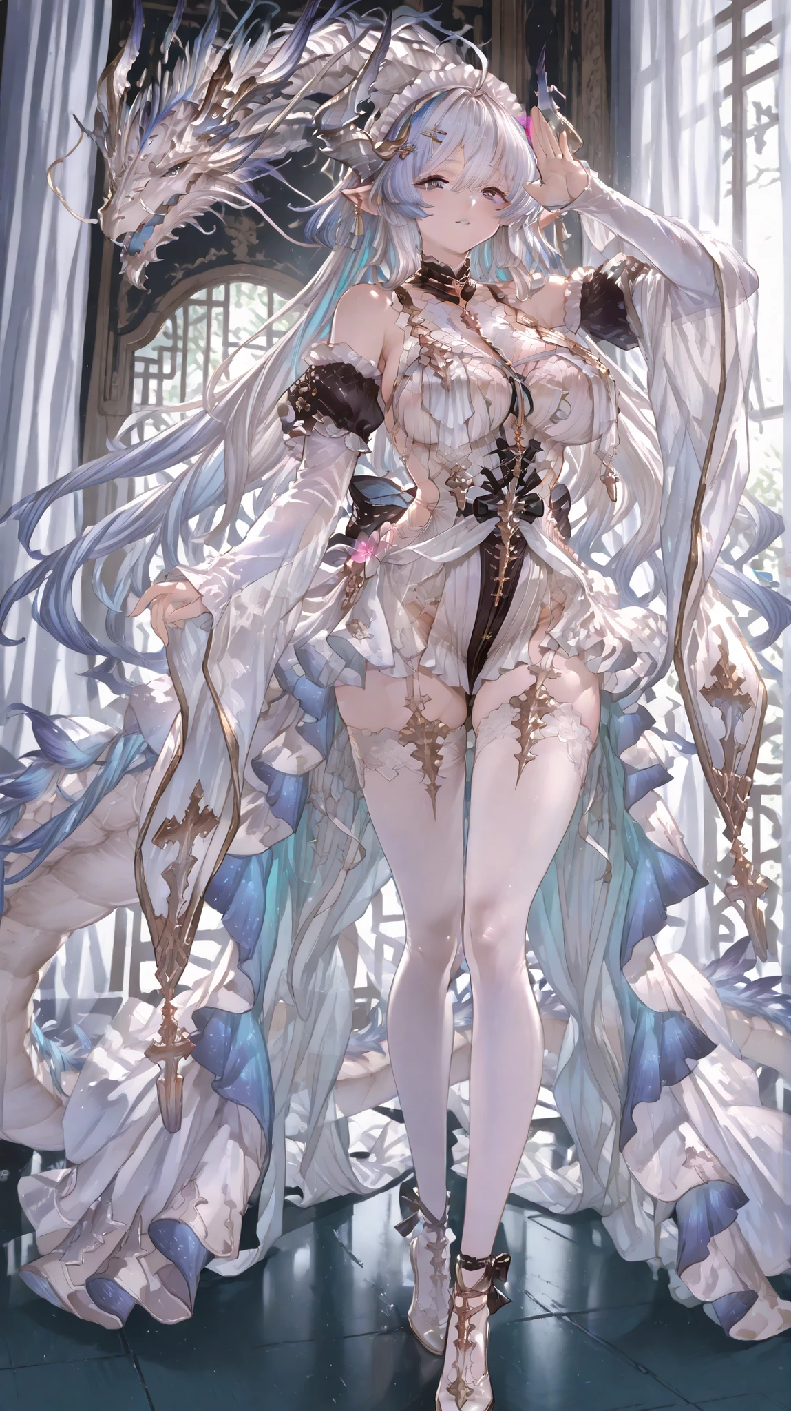 heavenly divine dragon girl, white huge dragon horns with golden ends, big dragon tail, white hair, ver long hair, thick hair, very big breast, green-blue gradient dragon eyes, white dragon sexy revealing outfit with breast curtains, white nylon stockings, white choker, sexy black cheongsam dress, taliman paper on her , fullbody, head to toe, standing up, vtuber pose, walking at the câmera, gbfwam, long hair, white hair, blue hair, animal ears, ahoge, blue eyes, Pink flower-shaped pupils, white dress, black collar, cross necklace, bare shoulders, sleeveless, waist bow, black bow, white cloak, gold trim, detached sleeves, wide sleeves, pelvic curtain, white thighhighs, granblue fantasy Wamdus, enmaided, maid headdress, hairclip, frilled hairband, cross-laced clothes, black choker, pendant choker, black sleeves, white dress, two-tone dress, frilled dress, puffy short sleeves, layered dress, black thighhighs, add layered sleeves, gbf, pelvic dress, bow, see-through sleeves, wide sleeves, sleeves past wrists, white pantyhose, wamdus dress jelyfish tail dress with layers