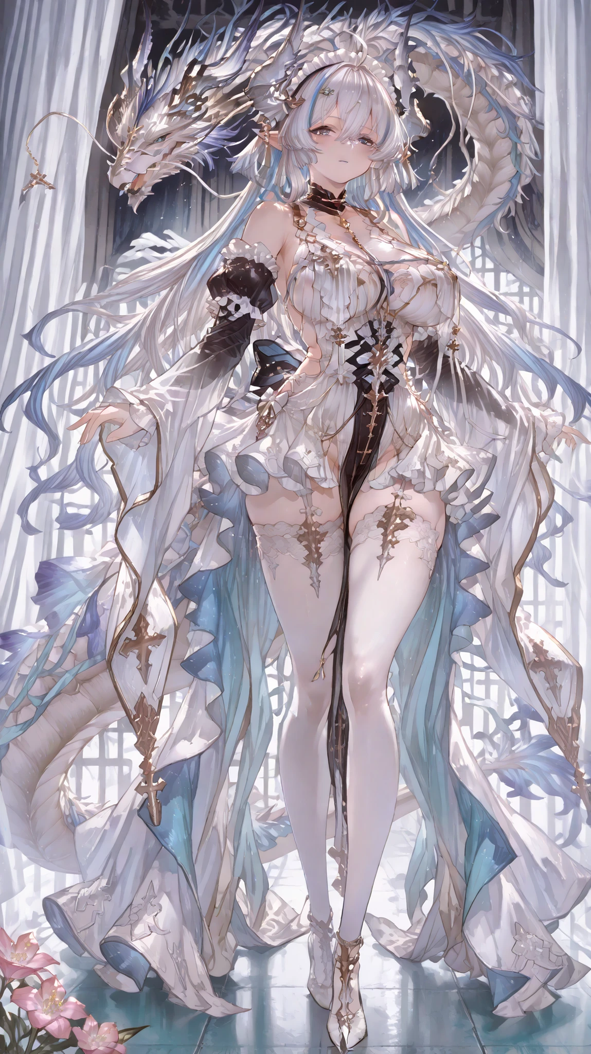 heavenly divine dragon girl, white huge dragon horns with golden ends, big dragon tail, white hair, ver long hair, thick hair, very big breast, green-blue gradient dragon eyes, white dragon sexy revealing outfit with breast curtains, white nylon stockings, white choker, sexy black cheongsam dress, taliman paper on her , fullbody, head to toe, standing up, vtuber pose, walking at the câmera, gbfwam, long hair, white hair, blue hair, animal ears, ahoge, blue eyes, Pink flower-shaped pupils, white dress, black collar, cross necklace, bare shoulders, sleeveless, waist bow, black bow, white cloak, gold trim, detached sleeves, wide sleeves, pelvic curtain, white thighhighs, granblue fantasy Wamdus, enmaided, maid headdress, hairclip, frilled hairband, cross-laced clothes, black choker, pendant choker, black sleeves, white dress, two-tone dress, frilled dress, puffy short sleeves, layered dress, black thighhighs, add layered sleeves, gbf, pelvic dress, bow, see-through sleeves, wide sleeves, sleeves past wrists, white pantyhose, wamdus dress jelyfish tail dress with layers