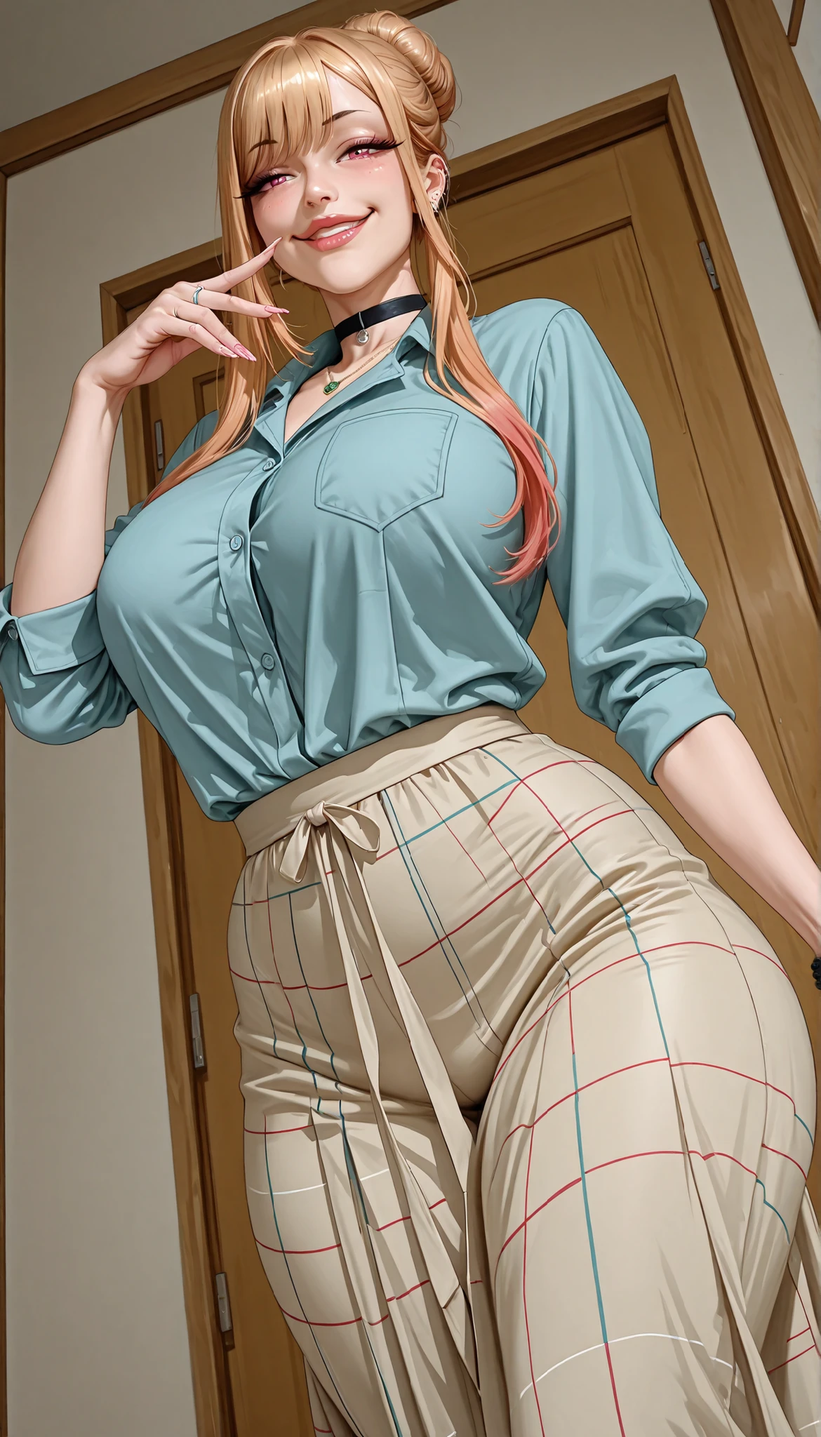 1woman, mature, from front, marin kitagawa, my dress up darling, tshirt, long skirt, round , curvy, large , wide curvy , voluptuous body, Curvy body, thicc woman, from below, dynamic angle, smilling, lips,  face, smug, medium shot,  pose, looking at viewer, fully clothed, solo, happy, at home, hair bun, married woman, marriage ring on finger