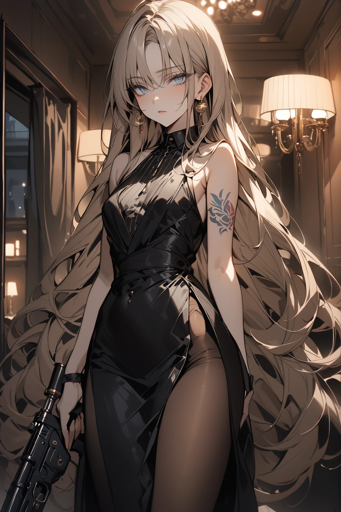((masterpiece,Highest Quality:1.2)),(Super-resolution),(1girl),Slender,Female mafia boss holding a rifle in a hotel at night,cowboy shot,beautiful skin,female singer with a tattoo,(thin thighs),light brown very long hair,Perfect Blue Eyes,  tree eyes  ,Seriously expressionless,black sleeveless long dress,(brown tights),gold earrings