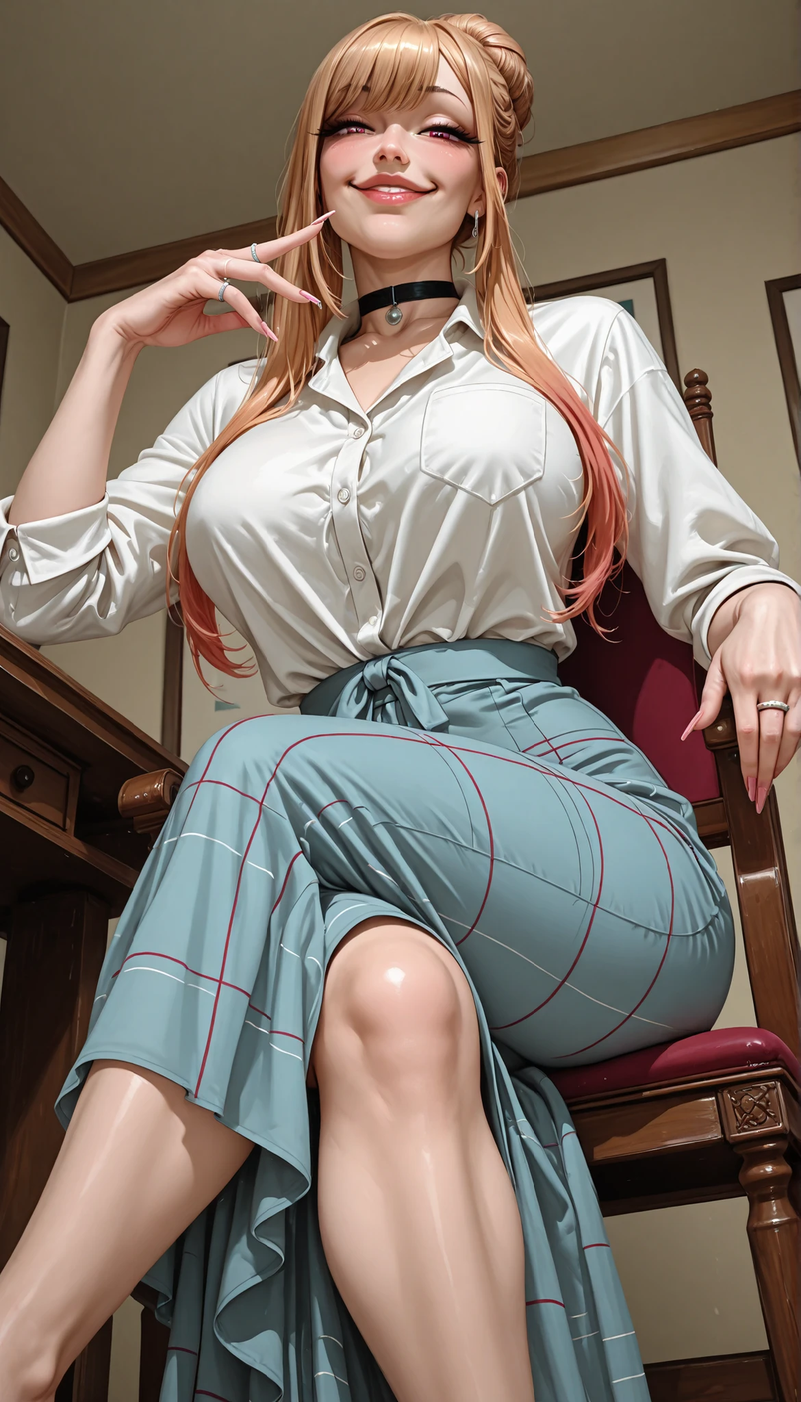 1woman, mature, from front, marin kitagawa, my dress up darling, tshirt, long skirt, round , curvy, large , wide curvy , voluptuous body, Curvy body, thicc woman, smilling, lips,  face, smug, medium shot,  pose, looking at viewer, fully clothed, solo, happy, at home, hair bun, married woman, marriage ring on finger, sit in chair, legs crossed, from below, dynamic angle 