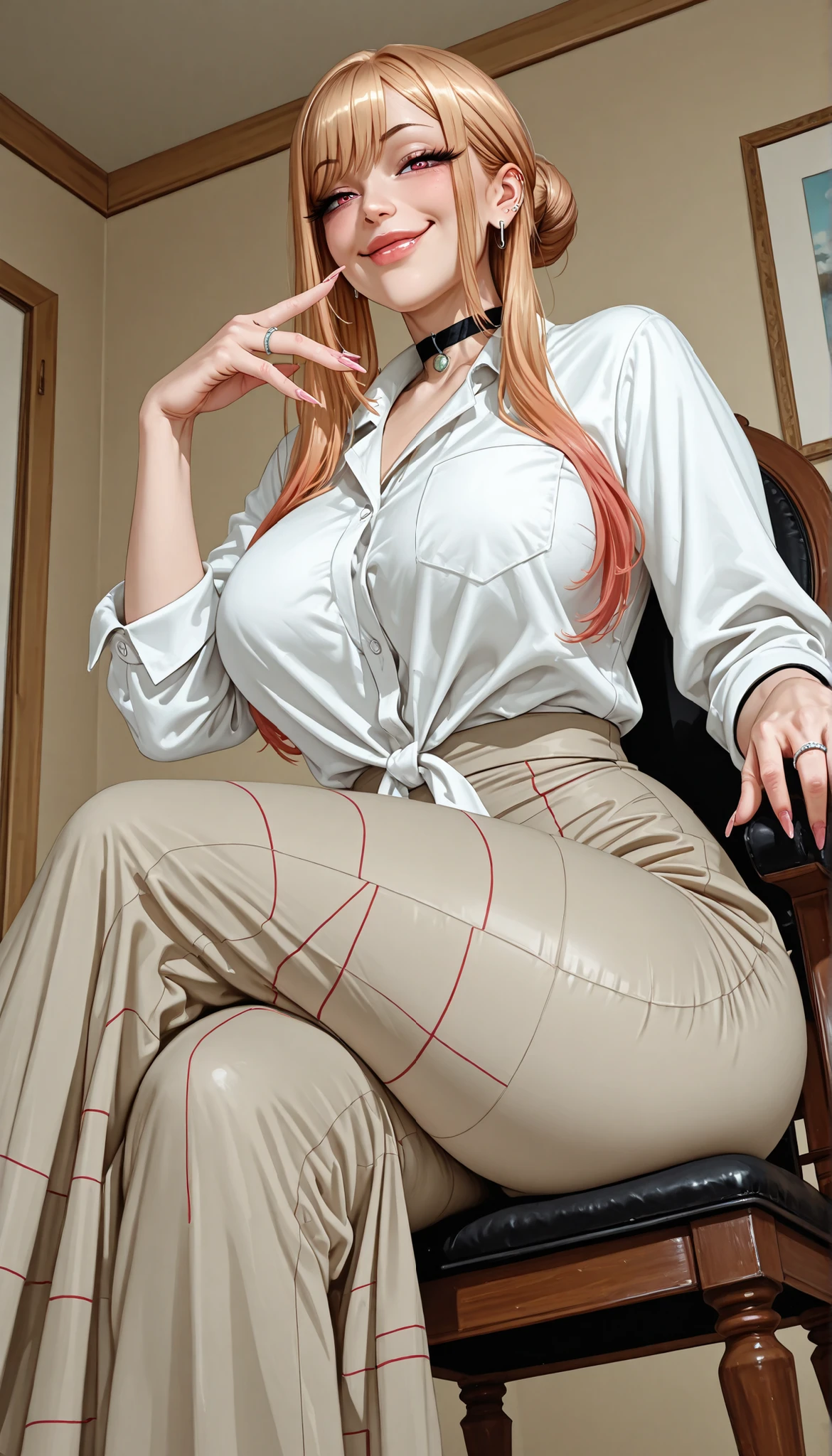 1woman, mature, from front, marin kitagawa, my dress up darling, tshirt, long skirt, round , curvy, large , wide curvy , voluptuous body, Curvy body, thicc woman, smilling, lips,  face, smug, medium shot,  pose, looking at viewer, fully clothed, solo, happy, at home, hair bun, married woman, marriage ring on finger, sit in chair, legs crossed, from below, dynamic angle 