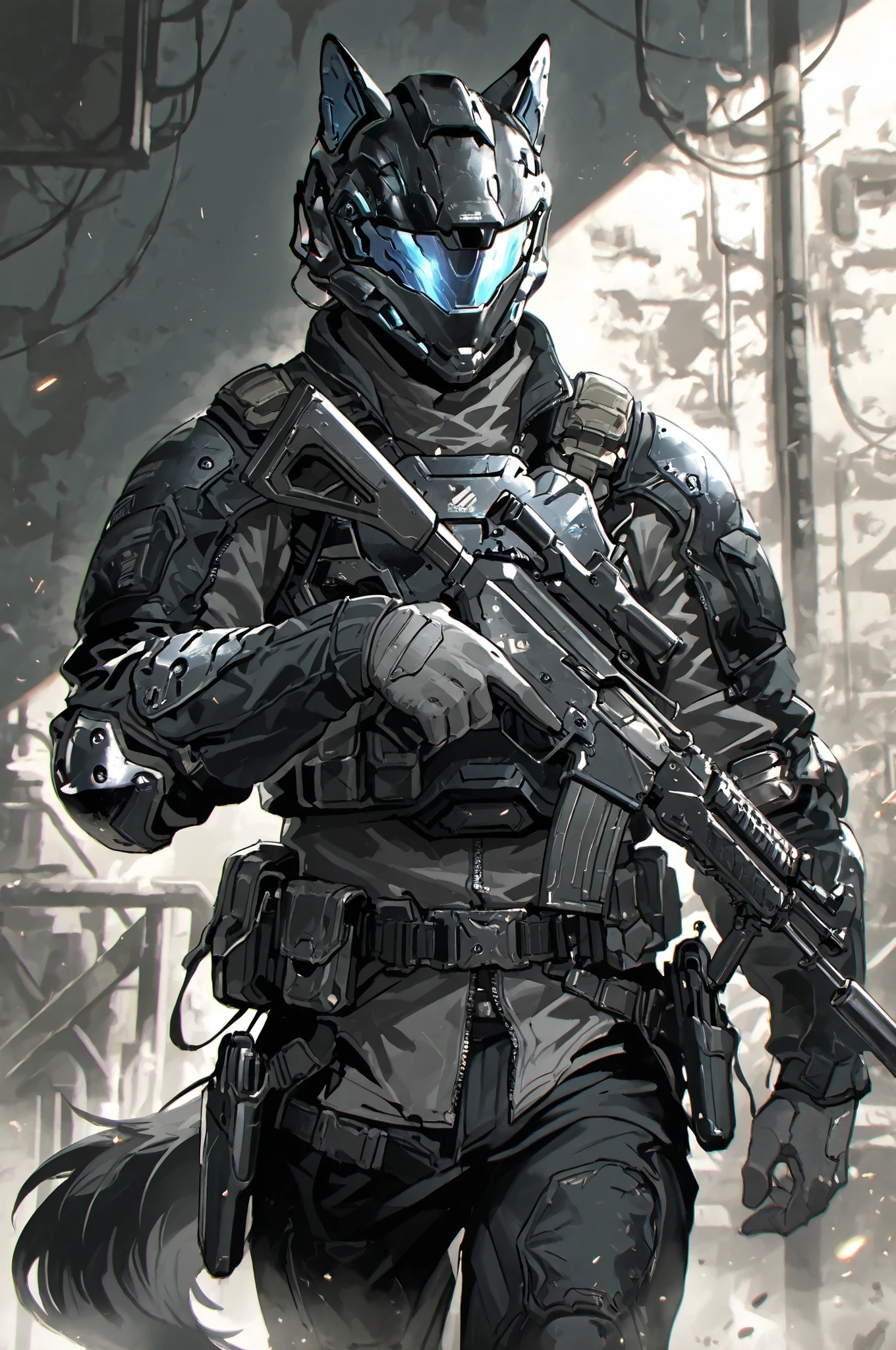 hkfuture,(masterpiece, detailed:1.2), 1boy, animal ear headwear, armor, assault visor, assault rifle, belt, belt pouch, black fur, black helmet, black jacket, black pants, blue visor, breastplate, cowboy shot, elbow pads, faceless male, folding stock, gloves, grey gloves, grey shirt, handgun, helmet, holding rifle, holster, holstered, jacket, long sleeves, looking to the side, male focus, pants, pocket, pouch, rifle, scar-h, solo, trigger discipline, turning head, utility belt, wolf boy, wolf ears, wolf tail, zipper,