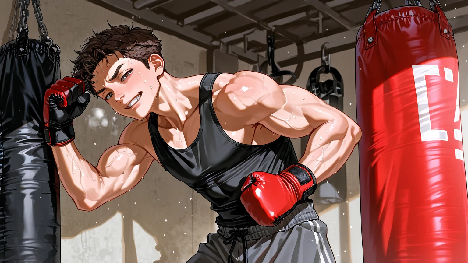 , super muscular, sweat-drenched body, 22-year old short black hair handsome caucasian male wearing boxing gloves, sweat-drenched white boxing shorts and boxing shoes, panting, in the boxing ring,  