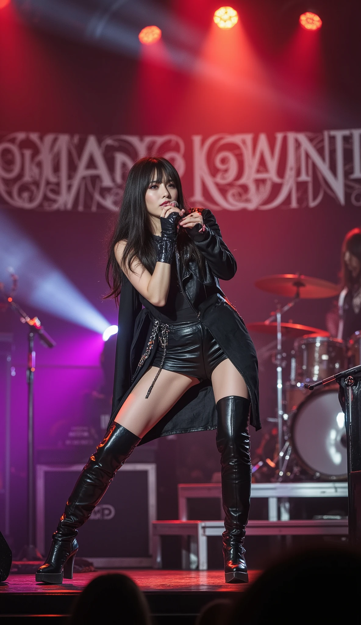 ( 32K High Resolution, Highest Quality, masterpiece, Ultra High Definition), Details on all aspects, mysterious, Ultimate Perfect Dynamic Composition, Highly Detailed Skin and Face Textures, professional camera work with beautiful focus, Ultra High Accuracy, Concert at Nagoya Dome, Fierce Lights:1.3, Enthusiasm Rising from the Audience, Fascinating Japanese Female Rock Singers, A Fascinating Way for Female Rock Singers to Sing Using a Mic Stand:1.3, Appropriate Clothes for Female Rock Singers, Female Rock Singers Behind Female Rock Singers Rock Singers Are Rock-style Male Bunts, Chouchou, small face, sexy face, Cutting edge, Amazing, tradition, majestic, training, (big L cup boobs, Waist size 55cm, 92 cm butt), Romantic, Artistic, mysterious, Object of praise, original, Dramatic, Innovative, charm, Heartful, gorgeous, sense of loss, Special, exciting, Extreme, Mysterious Symmetry