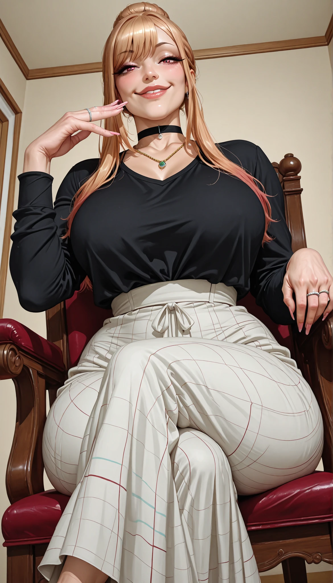 1woman, mature, from front, marin kitagawa, my dress up darling, tshirt, long skirt, round , curvy, large , thick muscular thighs, wide curvy , voluptuous body, Curvy body, thicc woman, smilling, lips,  face, smug, medium shot,  pose, looking at viewer, fully clothed, solo, happy, at home, hair bun, married woman, marriage ring on finger, sit in chair, legs crossed, from below, dynamic angle 