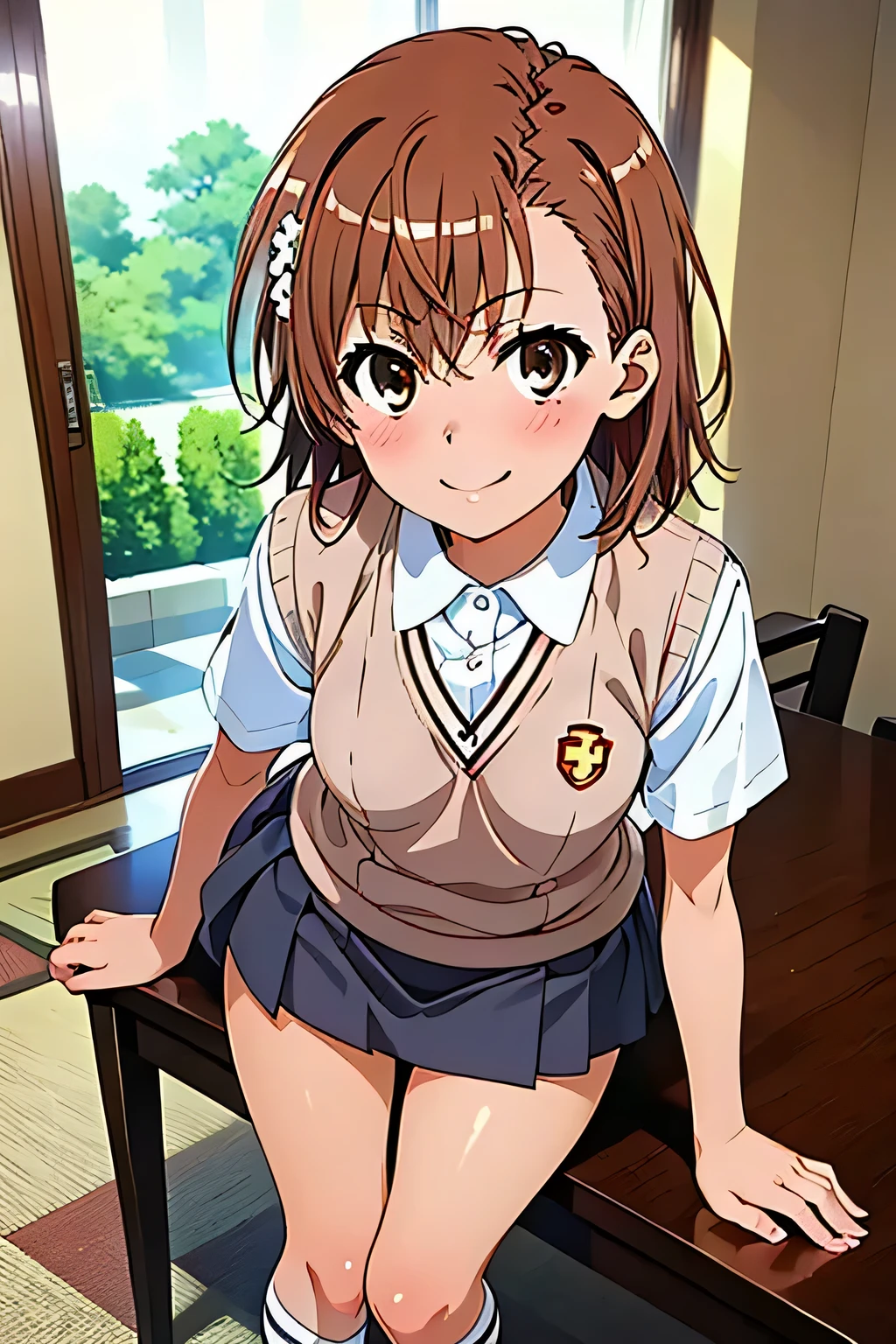 (masterpiece, best quality, high resolution, 8k:1.2), (anime coloring:1.2), perfect character design, official art, highly detailed CG Unity 8K wallpaper, perfect face, perfect eye, perfect hair style, perfect body, beautiful body, beautiful skin, beautiful breasts, beautiful legs, beautiful hands, perfect hands, beautiful finger, beautiful face, beautiful eyes, symmetrical eyes, slim body, (1 girl), (misaka mikoto, brown eyes), (small breasts), (brown hair, short hair, bangs, eyebrows visible through hair, hairpin), (tokiwadai school uniform, white shirt, short sleeves, (sweater vest, v-neck), (gray skirt, pleated skirt, mini skirt), loose socks, loafers), smile, dutch angle, looking at the viewer,