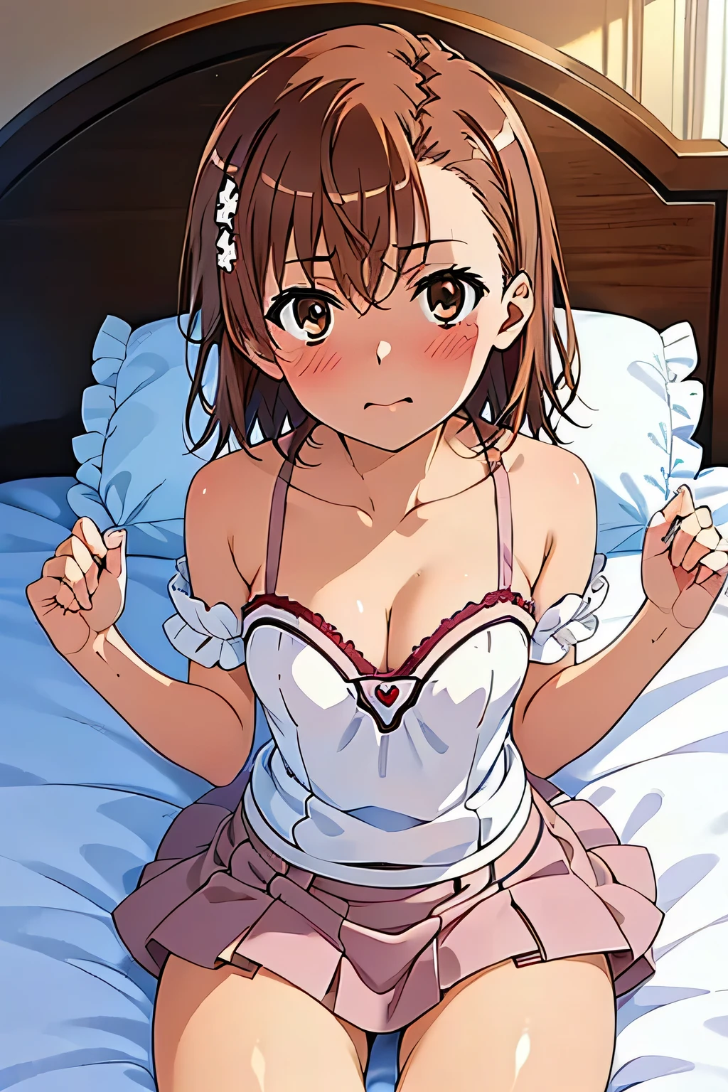 (masterpiece, best quality, high resolution, 8k:1.2), (anime coloring:1.2), perfect character design, official art, highly detailed CG Unity 8K wallpaper, perfect face, perfect eye, perfect hair style, perfect body, beautiful body, beautiful skin, beautiful breasts, beautiful legs, beautiful hands, perfect hands, beautiful finger, beautiful face, beautiful eyes, symmetrical eyes, slim body, (1 girl), (misaka mikoto, brown eyes), (small breasts), (brown hair, short hair, bangs, eyebrows visible through hair, hairpin),nffsw, (embarrassed expression, blushing), (dynamic sexy pose), ((Pink Magical Girl costume:1.3), cleavage, mini skirt, frills), (sleeping in bed, lying on back: 1.2), looking at the viewer, in the center of the image, (cowboy shot:1.2), dutch angle,
