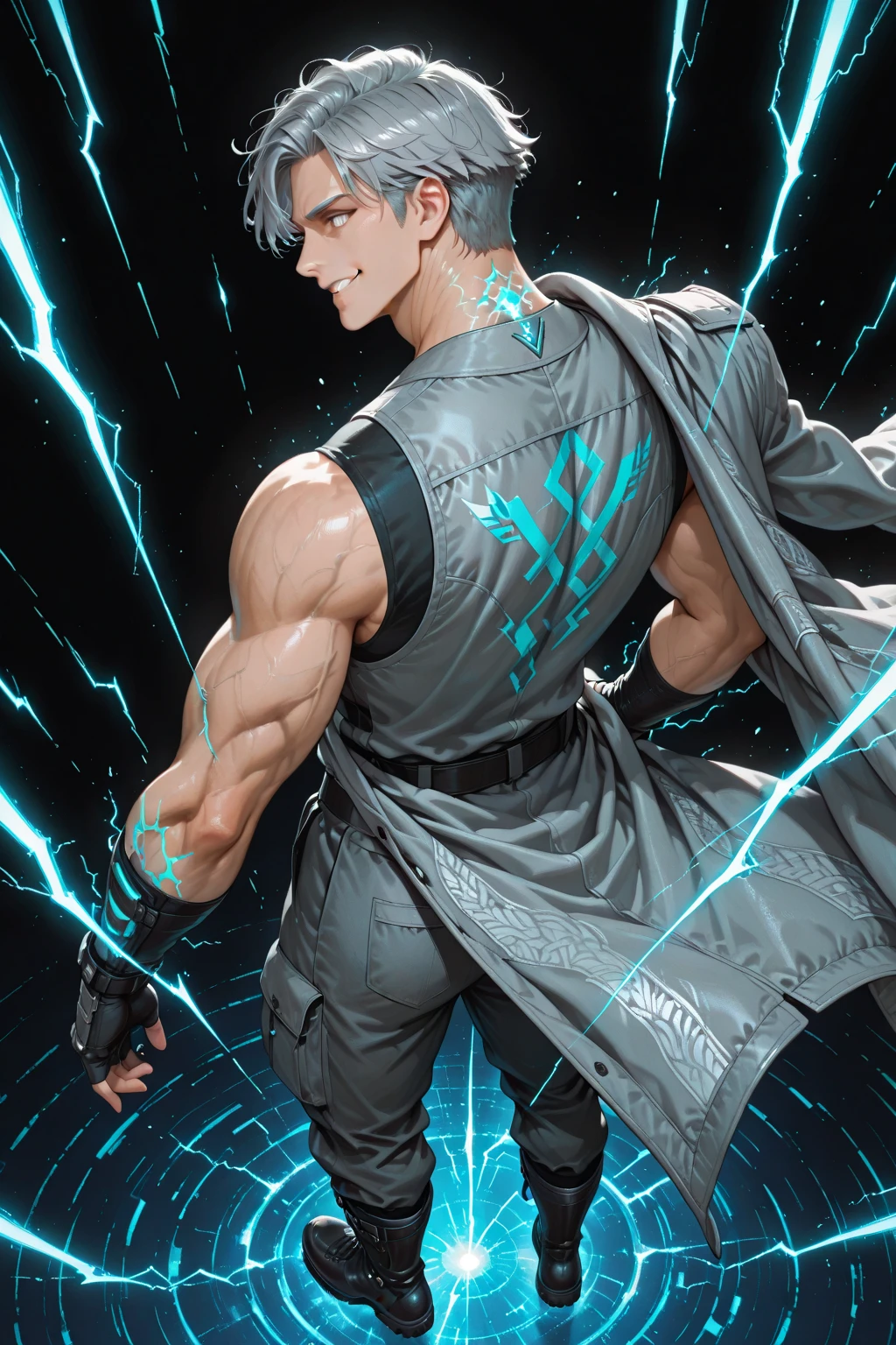 A HUMAN GUY WITH A THUNDER AURA AROUND HIM AND LIGHTNING BLADE IN HIS HAND