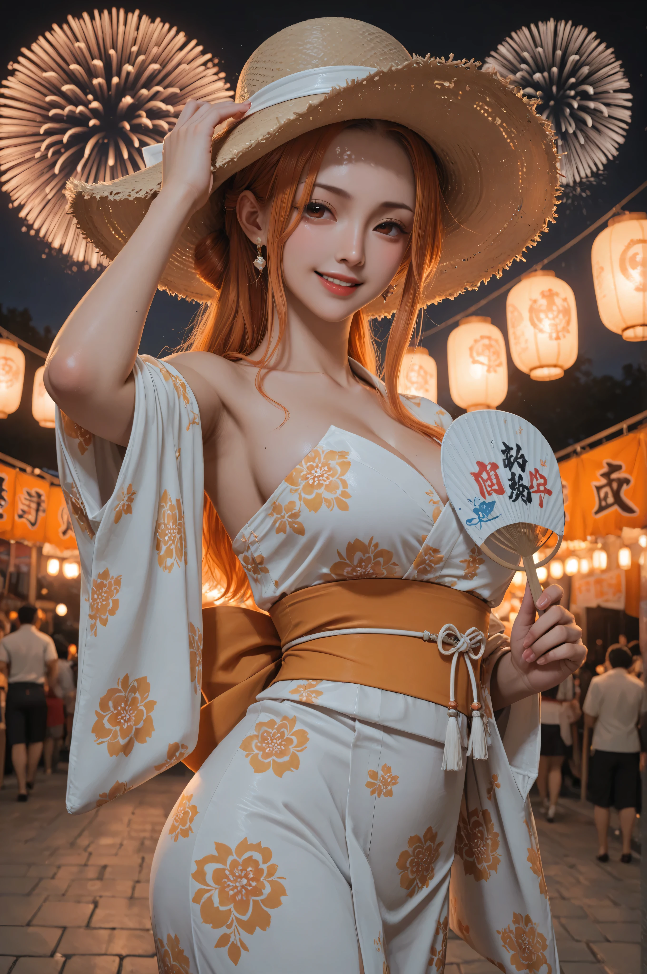 1girl, (lamb-oic029:0.44), (alzi xiaomi:1.1), (koujuan:1.1), (ohisashiburi:0.9), Masterpiece, amazing quality, 8k, ultra detailed, refined details, high resolution, HD, masterwork, digital illustration, LDSCH, 7481llu, solo, (masterpiece, best quality, ultra-detailed, 8k, cinematic lighting, ethereal atmosphere), A stunning realistic cosplay of Nami from One Piece, standing at a lively Japanese town festival at night. She wears a beautiful yukata inspired by her pirate colors — orange and white with gold accents, holding a paper fan and smiling softly under glowing lanterns. The background shows blurred festival stalls, warm lights, and fireworks in the distance. Her orange hair glows gently under the lantern light, and her expression is cheerful yet calm, capturing the joyful spirit of the Straw Hat Crew’s night celebration.
(close up, showing armpits), standing,