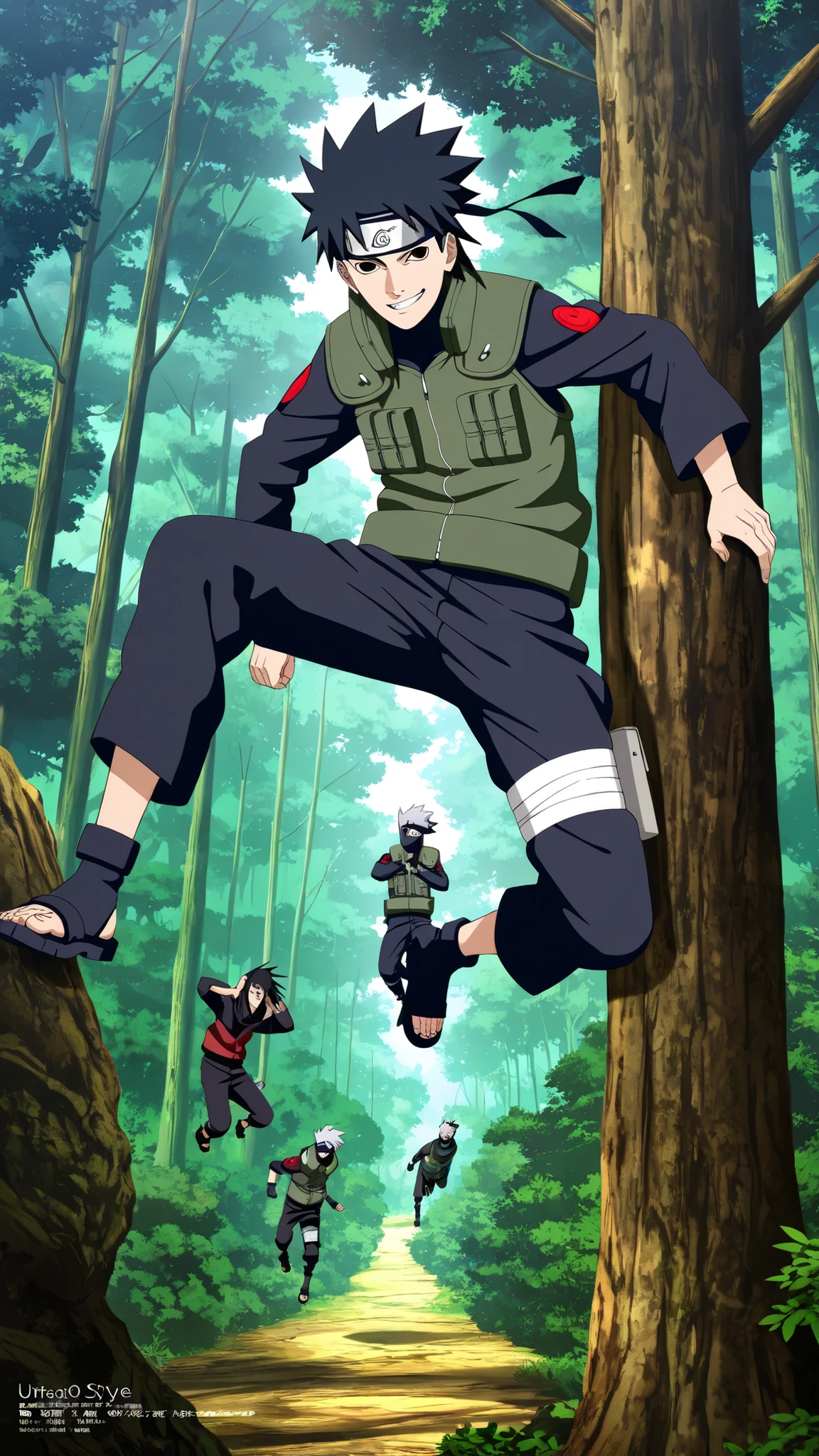 1 boy,(Wearing a white Kabuki mask), anime characters in green vests and black pants standing in a forest, itatchi uchiha, kakashi hatake, kakashi, sasuke uchiha, choke smirk smile grin, itachi uchiha, itachi, detailed anime, highley detailled face, akatsuki akira, avatar image,masterpiece,best quality,amazing quality,professional quality ,very aesthetic ,newest,scenery, ultra detailed ,highly detailed ,intricate , absurdres , high resolution , 4K , 8K , unity 8k wallpaper , crisp quality , sharp focus , rich contrast , rating_explicit , official art, official style,source_anime,anime screencap,anime coloring,megami magazine,anime,animated, (((black hair,obito style hair))), jumping on the tree ,Floating , full body ,view from the side