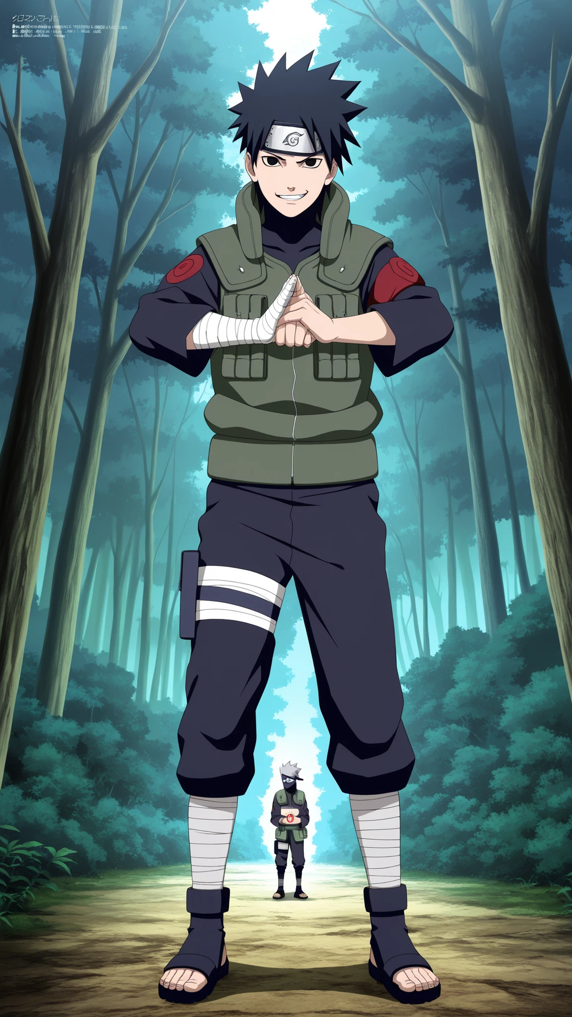 1 boy,Wearing a white Kabuki mask((( Join hands and cast a ninja spell Hold up 2 fingers))), anime characters in green vests and black pants standing in a forest, itatchi uchiha, kakashi hatake, kakashi, sasuke uchiha, choke smirk smile grin, itachi uchiha, itachi, detailed anime, highley detailled face, akatsuki akira, avatar image,masterpiece,best quality,amazing quality,professional quality ,very aesthetic ,newest,scenery, ultra detailed ,highly detailed ,intricate , absurdres , high resolution , 4K , 8K , unity 8k wallpaper , crisp quality , sharp focus , rich contrast , rating_explicit , official art, official style,source_anime,anime screencap,anime coloring,megami magazine,anime,animated, (((black hair,obito style hair))), full body ,view from the side