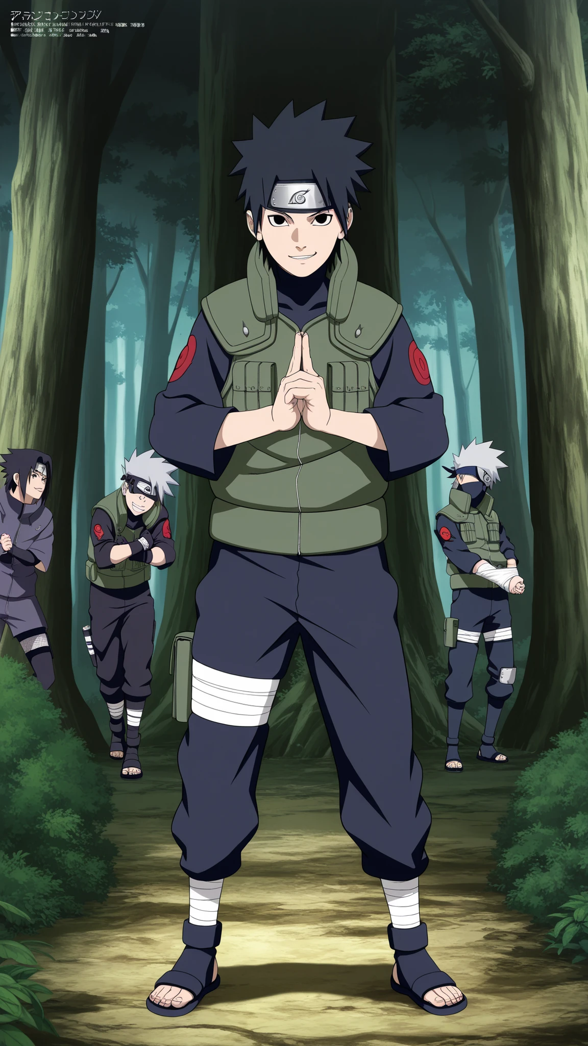 1 boy,Wearing a white Kabuki mask, ((( Join hands and cast a ninja spell Hold up 2 fingers))), anime characters in green vests and black pants standing in a forest, itatchi uchiha, kakashi hatake, kakashi, sasuke uchiha, choke smirk smile grin, itachi uchiha, itachi, detailed anime, highley detailled face, akatsuki akira, avatar image,masterpiece,best quality,amazing quality,professional quality ,very aesthetic ,newest,scenery, ultra detailed ,highly detailed ,intricate , absurdres , high resolution , 4K , 8K , unity 8k wallpaper , crisp quality , sharp focus , rich contrast , rating_explicit , official art, official style,source_anime,anime screencap,anime coloring,megami magazine,anime,animated, (((black hair,obito style hair))), full body ,view from the side , Raise your hands together