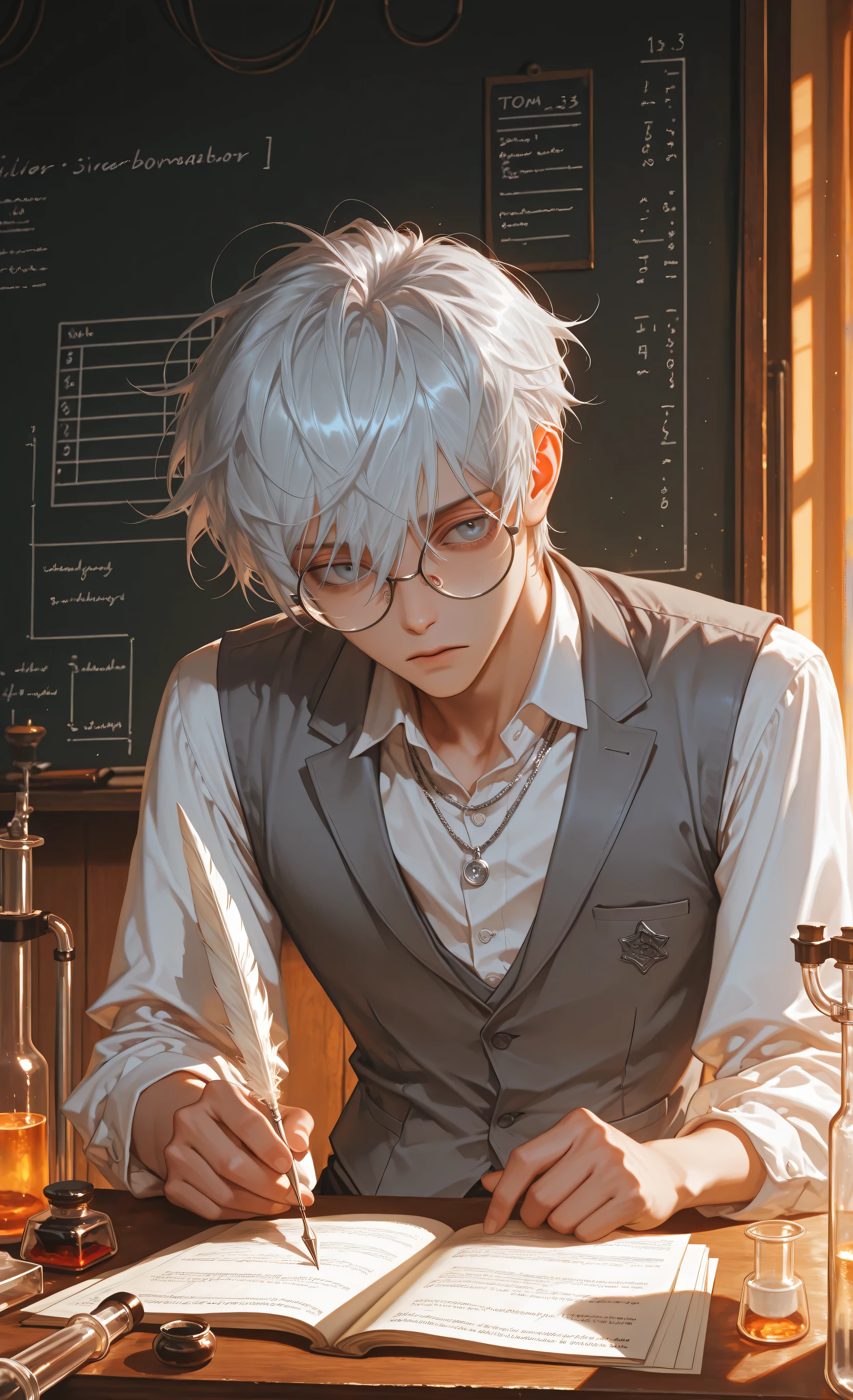 (moody lighting, dramatic shadows, bloom lighting, colored shadows, Ink Style, best quality, soft lines, clear details, masterpiece:1.3, 8k:1.3, Highest quality:1.3, detail:1.3, high resolution:1.3, digital painting , super detail), ONLY ONE PERSON,**
1 young man, early twenties, handsome male, fair skin, slender build,
(silver tousled hair:1.3), (round wire-rimmed glasses:1.3),
wearing (white button-down shirt:1.2), (grey vest:1.2), delicate silver necklace,
focused expression, writing with quill pen, leaning over dark wooden desk,
in chemistry classroom:1.4,
(chemical laboratory equipment:1.3), glass beakers, test tubes, Bunsen burner,
periodic table on wall, chemical formulas chalkboard,
scientific papers, inkwell, old books,
(golden hour lighting:1.3), warm diffused light, dramatic shadows,
moody academic atmosphere, detailed textures,
slightly elevated perspective, chest-up framing, left side of face visible,
digital painting, soft lines, clear details