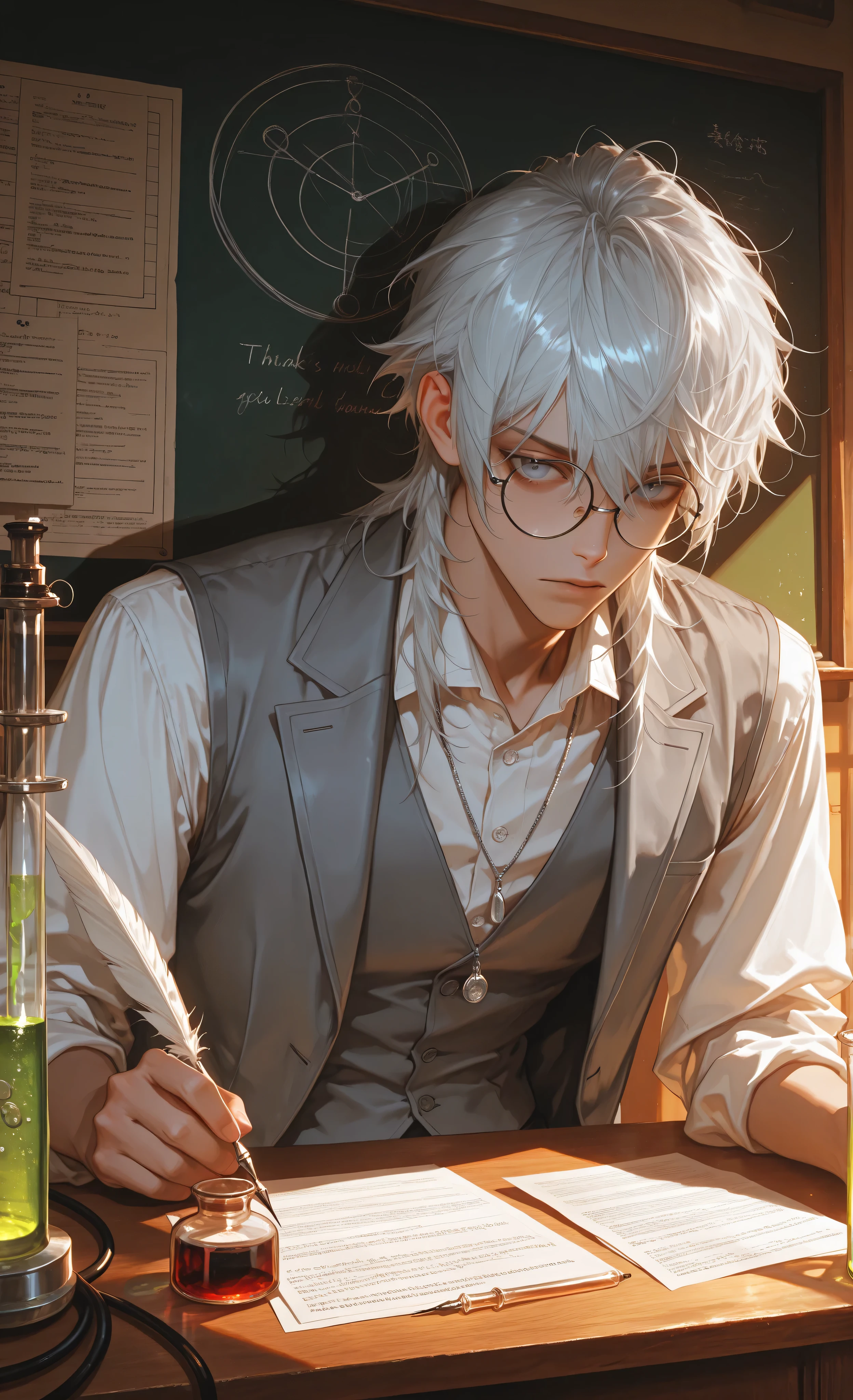 (moody lighting, dramatic shadows, bloom lighting, colored shadows, Ink Style, best quality, soft lines, clear details, masterpiece:1.3, 8k:1.3, Highest quality:1.3, detail:1.3, high resolution:1.3, digital painting , super detail),
1 young man, early twenties, handsome male, fair skin, slender build,
(silver tousled hair:1.3), (round wire-rimmed glasses:1.3),
wearing (white button-down shirt:1.2), (grey vest:1.2), delicate silver necklace,
focused expression, writing with quill pen, leaning over dark wooden desk,
in chemistry classroom:1.4,
(chemical laboratory equipment:1.3), glass beakers, test tubes, Bunsen burner,
periodic table on wall, chemical formulas chalkboard,
scientific papers, inkwell, old books,
(golden hour lighting:1.3), warm diffused light, dramatic shadows,
moody academic atmosphere, detailed textures,
slightly elevated perspective, chest-up framing, left side of face visible,
digital painting, soft lines, clear details