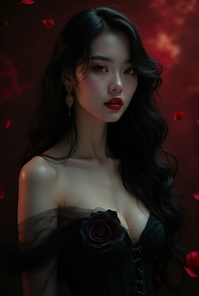 a cute Yuna in cosplay as Morticia Adams, beautiful detailed eyes, beautiful detailed lips, extremely detailed eyes and face, long eyelashes, slinky black dress, deep v down middle, deep thigh slits, sultry pose, holding a black rose, 8k, best quality, high resolution, masterpiece, ultra-detailed, realistic, photorealistic, HDR, studio lighting, extreme detail description, vivid colors, dark gothic, chiaroscuro lighting, moody atmosphere, dramatic lighting

