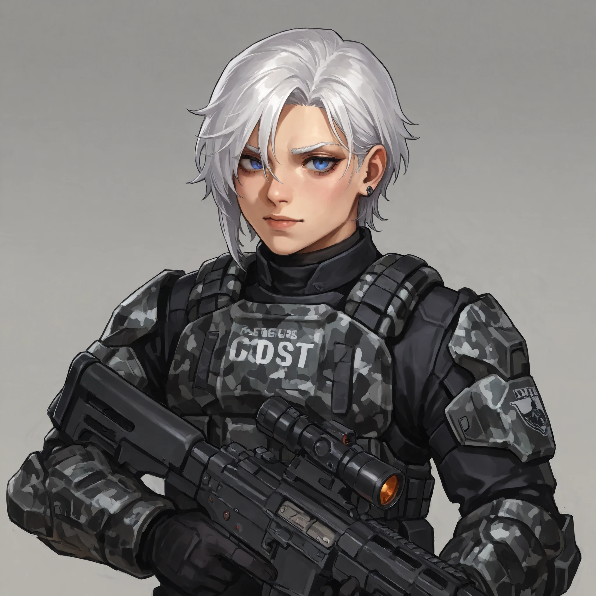 a goth female odst with white hair holding a battle rifle, camo armor pattern, pretty face, androgynous