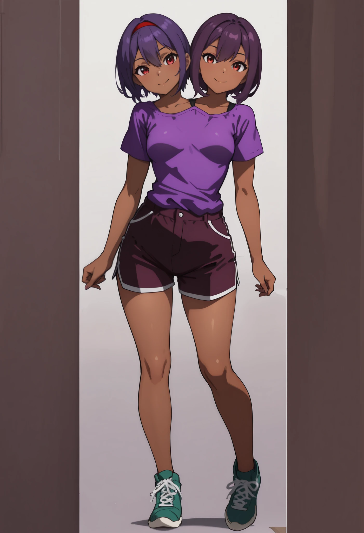 ((16K)) , ((two headed girl)) , smiling , highres , masterpiece , ((purple hair:1 . 5)) , ((purple shirt:1 . 5)) , casual outfit , symmetrical proportions, red eyes , ((dark violet shorts)) , cowboy shots , detailed pupils , (2heads) , (1body) , (short sleeves) , full body , white background , ((small breasts)), dark skin, short hair, strong and confident expressions , pre-teenage girl , beautiful body and face , ((headband:1 . 5))