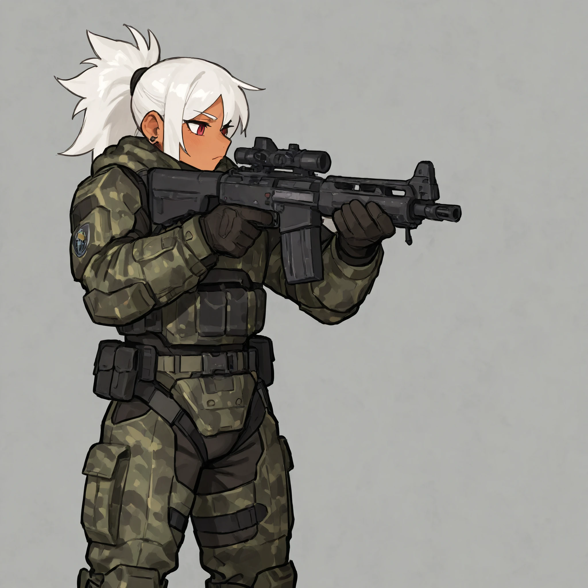 By bebebebebe, by spuydjeks, by buta99, by spikedmauler a goth female odst with white hair holding a battle rifle, camo armor pattern, pretty face,