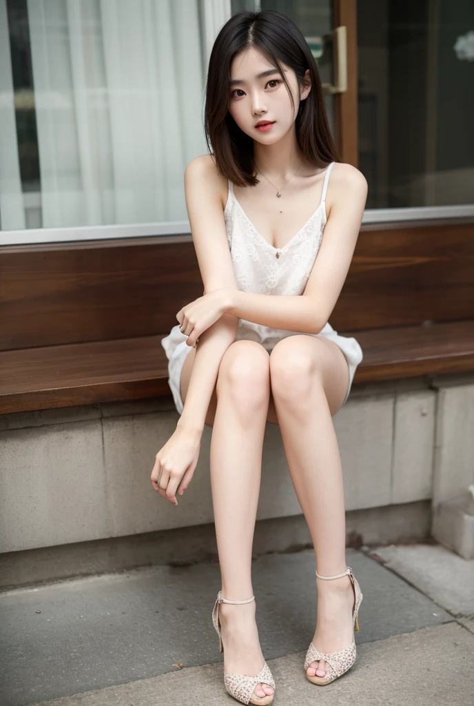（（best qualtiy））， （（tmasterpiece））A 14-year-old Asian woman，lies on the ground，camisole，short  skirt，Very long legs，Ultimate temptation，Barefoot