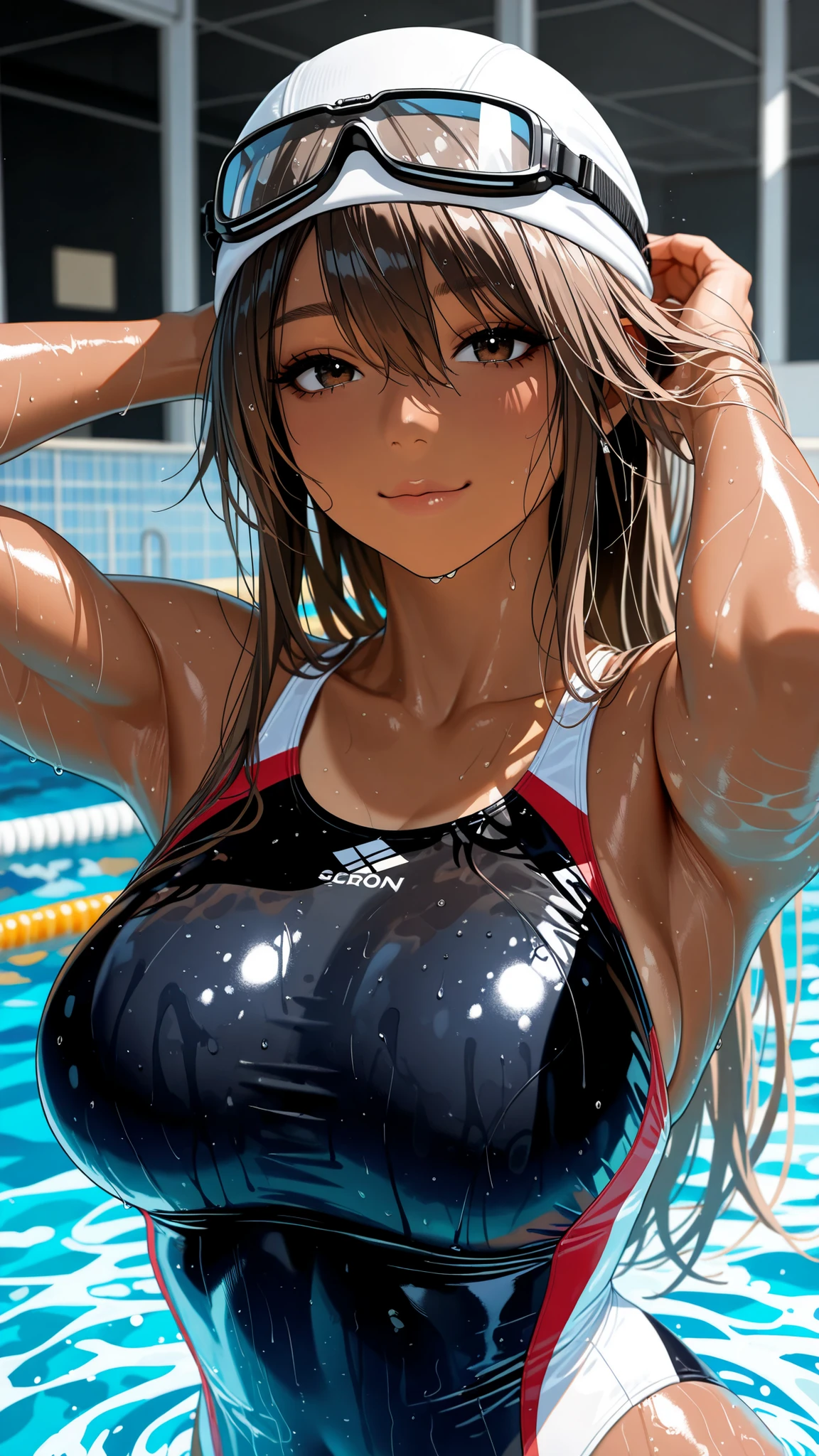 Beautiful illustration, Aaron, Aaron, Aaron, (masterpiece, Detail:1.2), Maorix, front view, score_9, score_8_above, score_7_above, score_6_above, score_5_above, close-above:1.21, configuración perfecta, saboveer quality, 8K, saboveer quality, beautiful Japanese woman, bright and careful dark brown eyes, high resolution, upper body angle, anatomically correct proportion :1.331, small head :1.331, tanned skin, intricate, beautiful eyes like camera lenses,light brown hair, (She is a strong swimmer who belongs to a high school swimming club:1.2), quick-drying , shiny wetsuit in three colors, newest high-performance swimsuit , Cover your hair with a swimming cap, high specification swimming goggles, swimming, (she wears a competitive swimsuit that fits her body, which is a swimming equipment uniform:1.2), (extremely large breasts, gordo, Muscular), thin waist, ( so beautiful, Very cute and great face :1.2), long bangs:1.331, Detailed skin, Detailed face, bright and careful dark brown eyes, The viewer looks above at her,