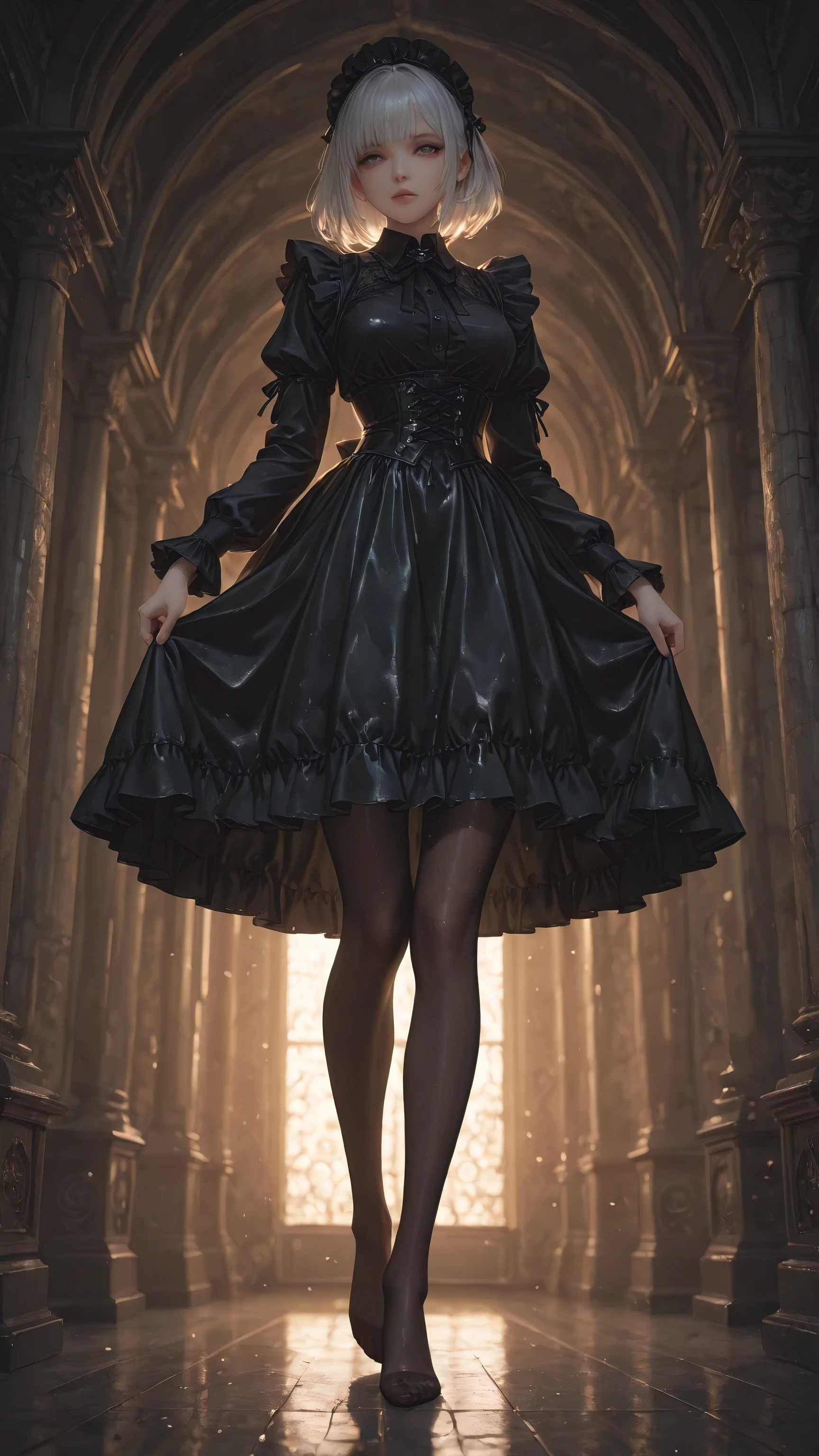 (masterpiece, ultra-detailed, cinematic lighting, 9:16 vertical composition),
single character, only one girl, no mirror reflection, PVC skin,
Lisa with short silver-white bob hair, calm and elegant expression,
wearing a gothic black maid outfit with corset waist and layered ruffled skirt, 
black horse oil pantyhose with moist glossy sheen, smooth and silky surface,
tight and reflective texture, soft highlights gliding along her legs, 
subtle wet shine under light, not latex, not leather, no shoes,
low-angle full-body view emphasizing long legs and confident posture,  
background: cathedral-style marble hallway illuminated by warm sunset light,  
lighting: cinematic rim light and soft underlight to enhance pantyhose reflection,  
style: realistic anime aesthetic, sculpture lighting, elegant and detailed tone.
