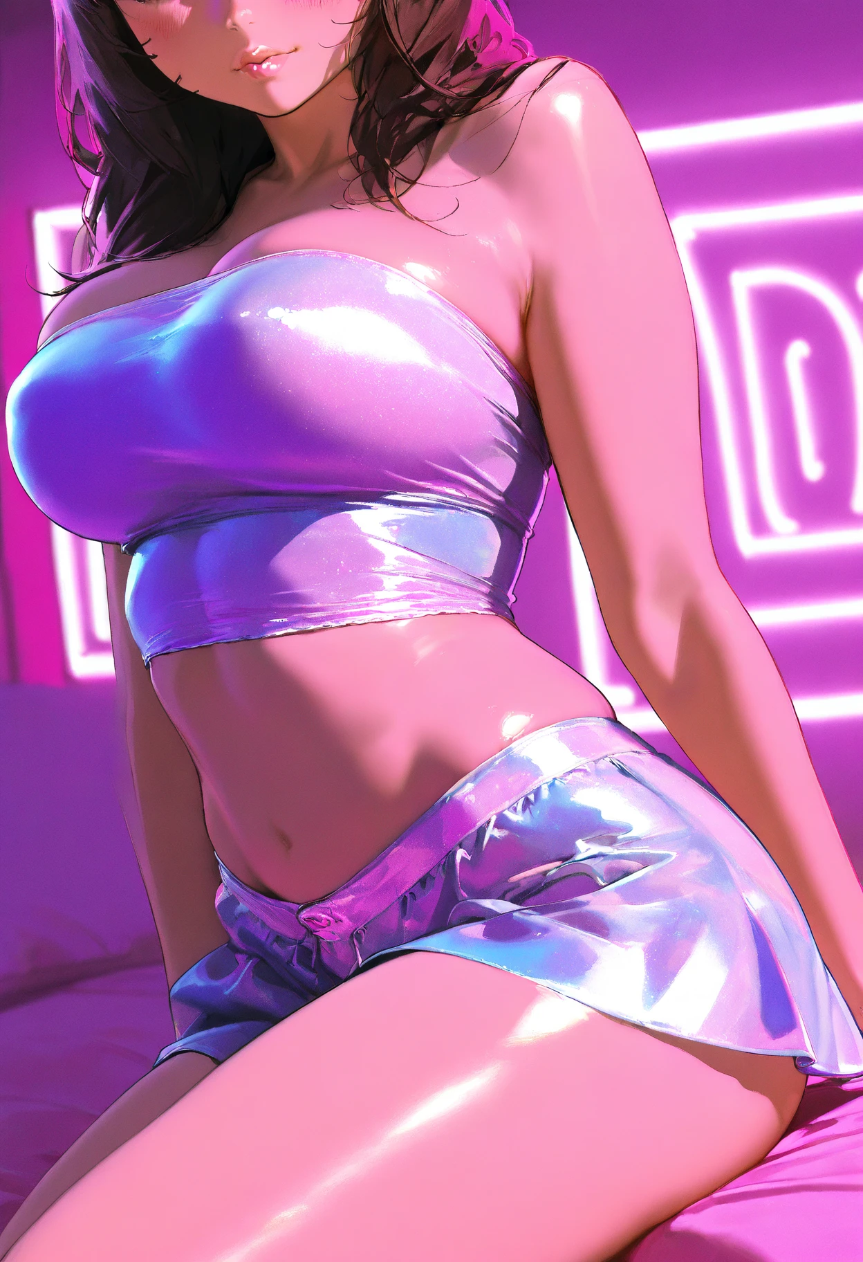 masterpiece,ultra detailed,(nipple-baring,revealing and see-through  dress,haltered neck,),look at viewer,thick arms,black hair,27 years old,(tareme),curvy adult females,oval face,sweaty,(at nightclub,danceclub,dark pink light:1.3),(close up,face focus,from below,pov:1.2),happy smile,sitting on viewer,breast grab,(close to viewer:1.3),upper body