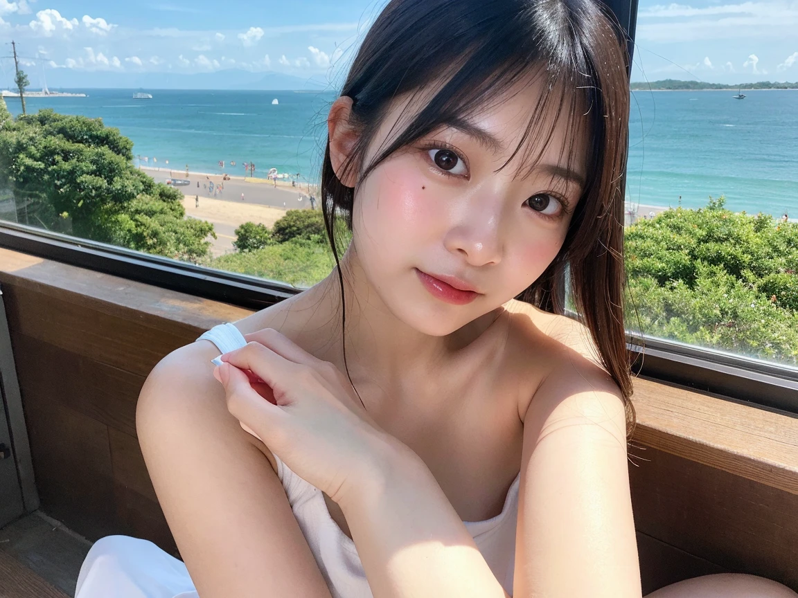Best quality, masterpiece, ultra-high resolution, 8K, (reality: 1.4), RAW shooting, most detailed face, very detailed and perfect , live photography; most beautiful face; shining skin; one 18-year-old Japanese.My bangs and eyes are big and cute.It has brown eyes, gentle eyes, long brown hair, a young face, and a large .E-cup. Look at the audience.angelic smile.a smiling face., polka dot , under the sea, spray,