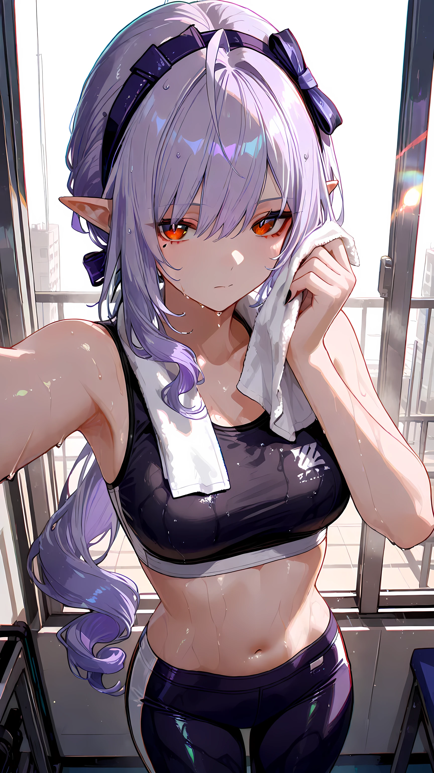 (masterpiece, detailed:1.2),748cmstyle,vivian (zenless zone zero), red eyes, mole, mole under eye, purple hair, very long hair, drill hair, ponytail, ahoge, pointy ears, two-tone hairband, black hairband, purple hairband, purple hair bow, black nails, fingernails, nail polish. Wearing tank top, tight sport pants, small towel on neck, gym shoes. In the gym, after training, sweating, wet hair, stand near window, looking at viewer, wiping sweat, mouth open, belly, midriff, navel, afternoon, view from above, cinematic light, god-ray flare, eyes focus, detailed eyes, chromatic effect, chromatic ambient 2.5, chromatic vignette 2.5, chromatic aberration 2.5, high res, best quality, by Pixiv, arts station, official arknights style.