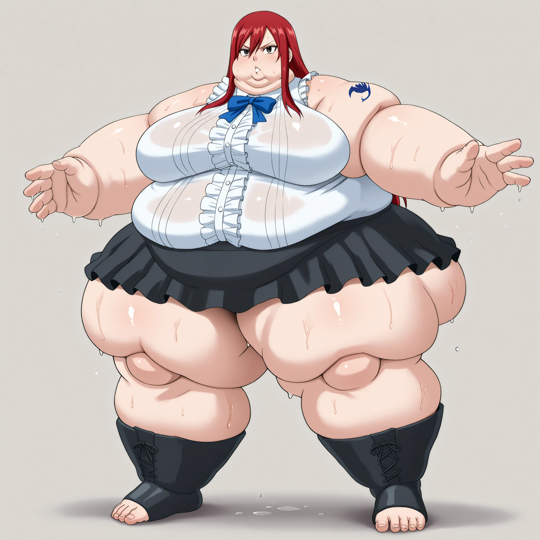 erza scarlet, long hair, red hair, hair between eyes, brown eyes, skirt, shirt, bow, boots, sleeveless, sleeveless shirt, tattoo, white shirt, frills, thighs, barefoot, bare hands, dark eyes, ,  fat, chubby, obese, gigantic arms and legs, large breasts, sweating, wet body, swollen face, Fat_neck , Fat head , eyes with crushed cheeks , nose with crushed cheeks , mouth with crushed cheeks , chin roll,
only head, large head, oversized limbs, large hands, large feet, oversized feet, oversized fingers, big lips, plump lips 